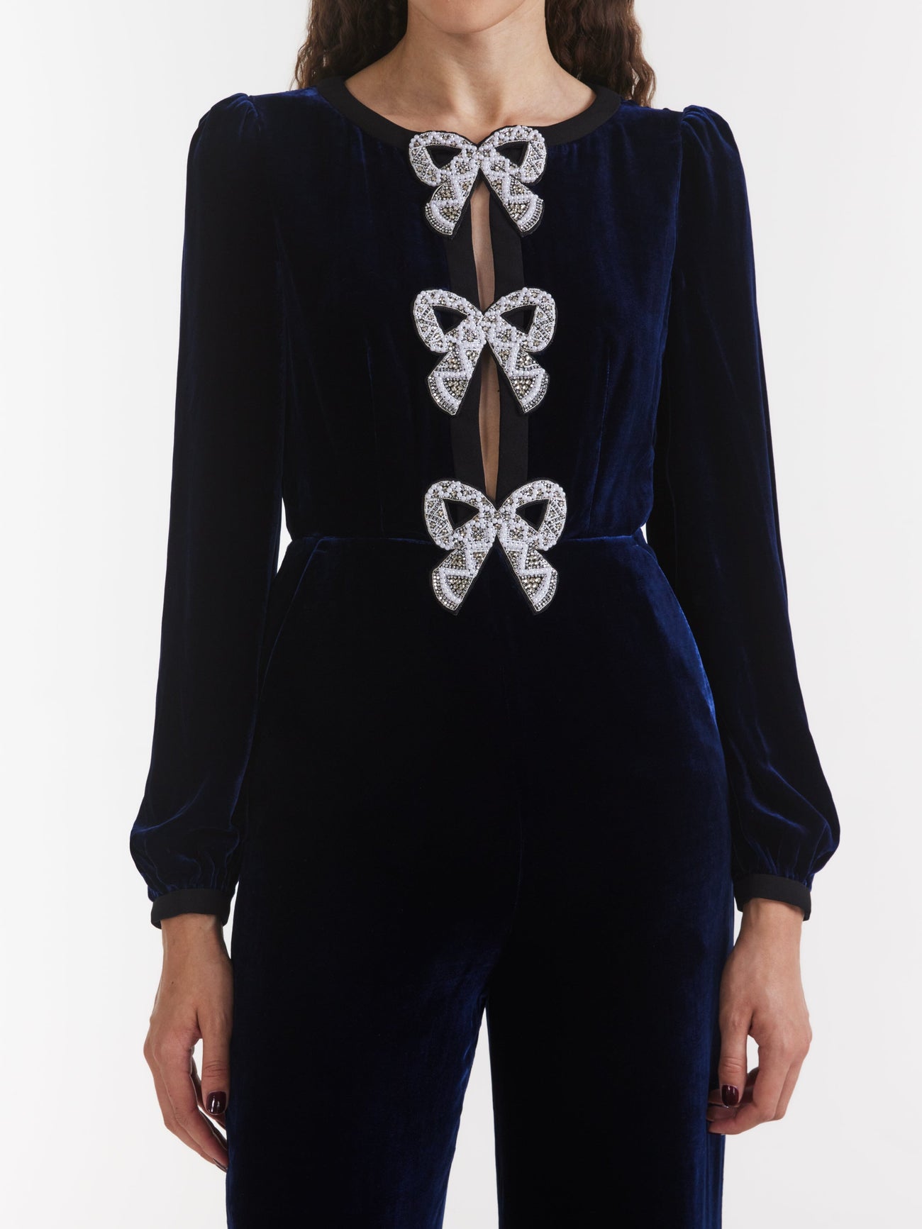Load image into Gallery viewer, Camille Velvet Embellished Bows Jumpsuit in Navy