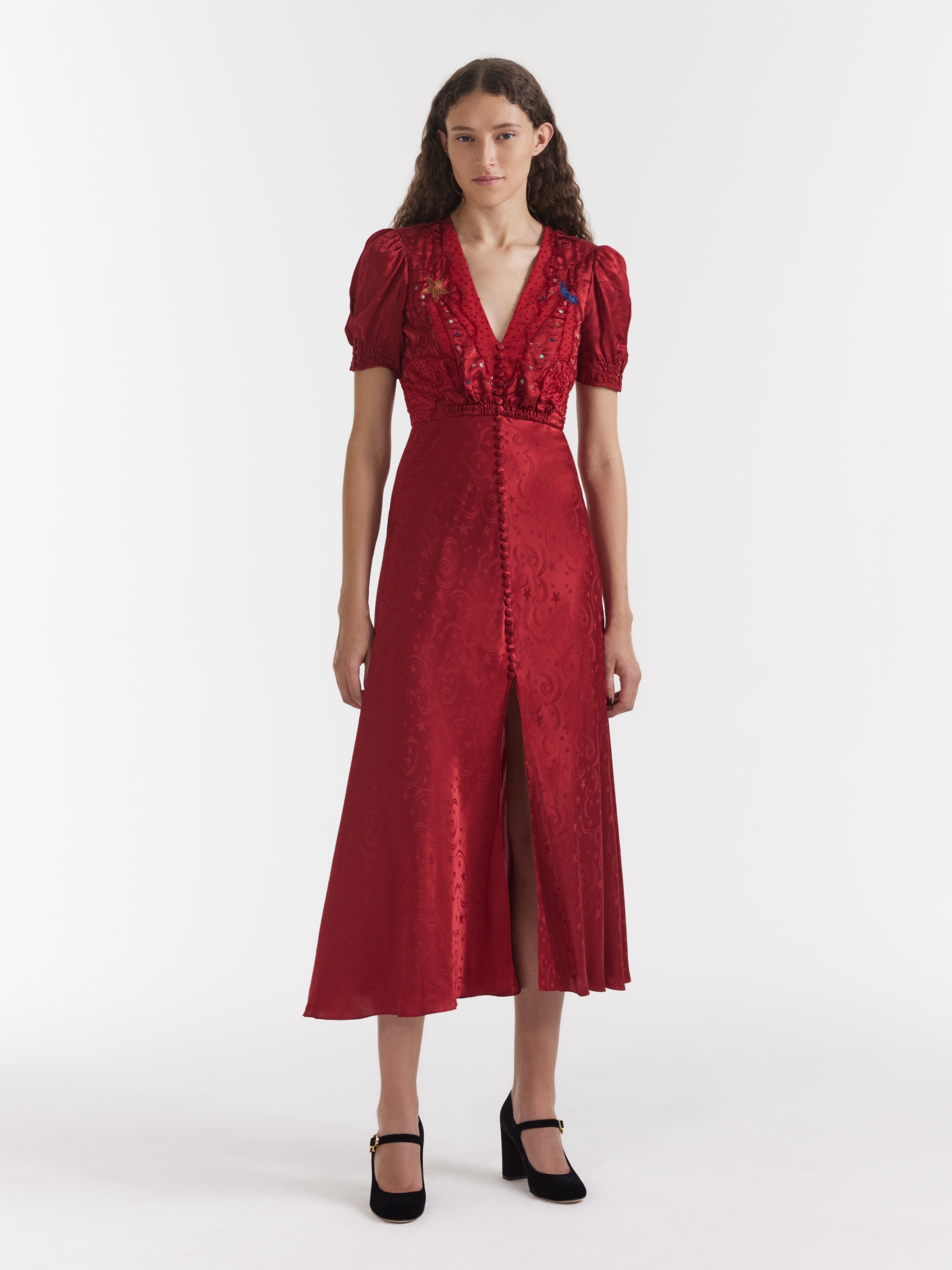 Venyx Lea Long Dress in Deep Red Moonbeam Embroidery – SALONI