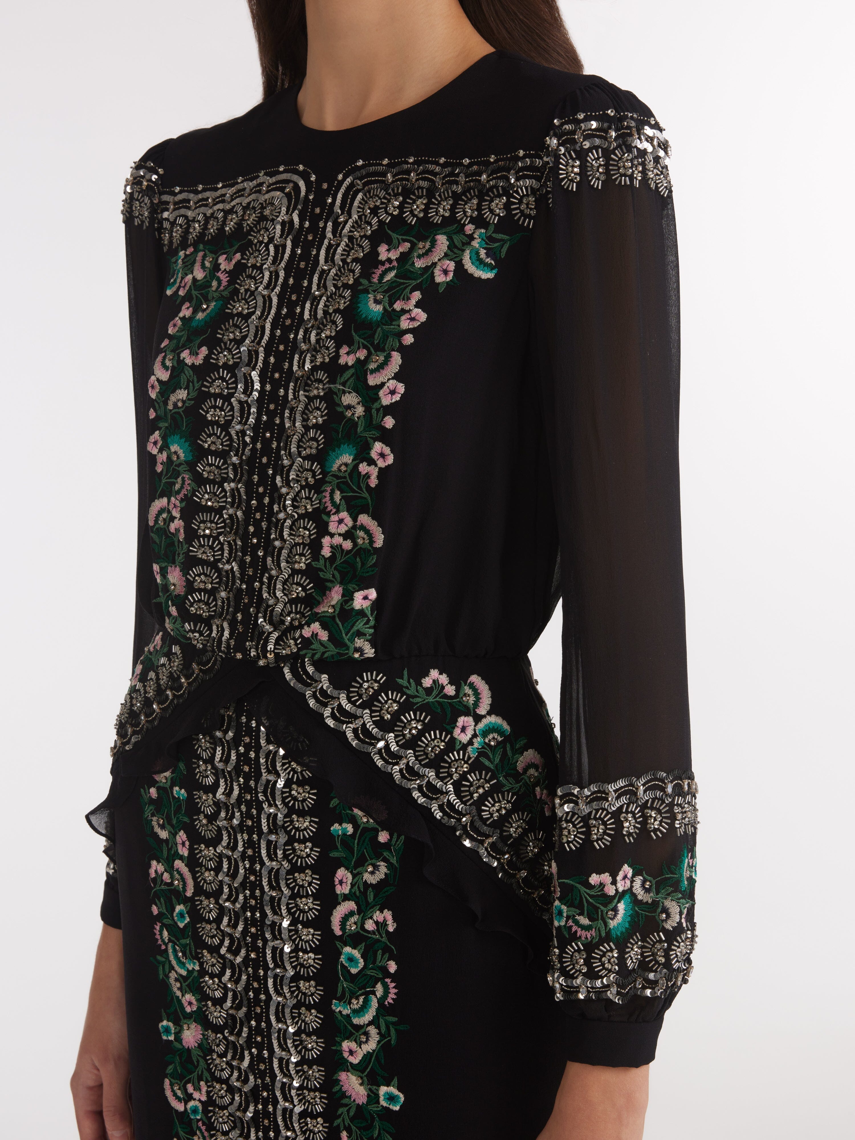 SALONI London - Isa Long C Dress Black Botanic Embroidery - Silk SALONI London - Isa Long C Dress Black Botanic Embroidery - Silk
