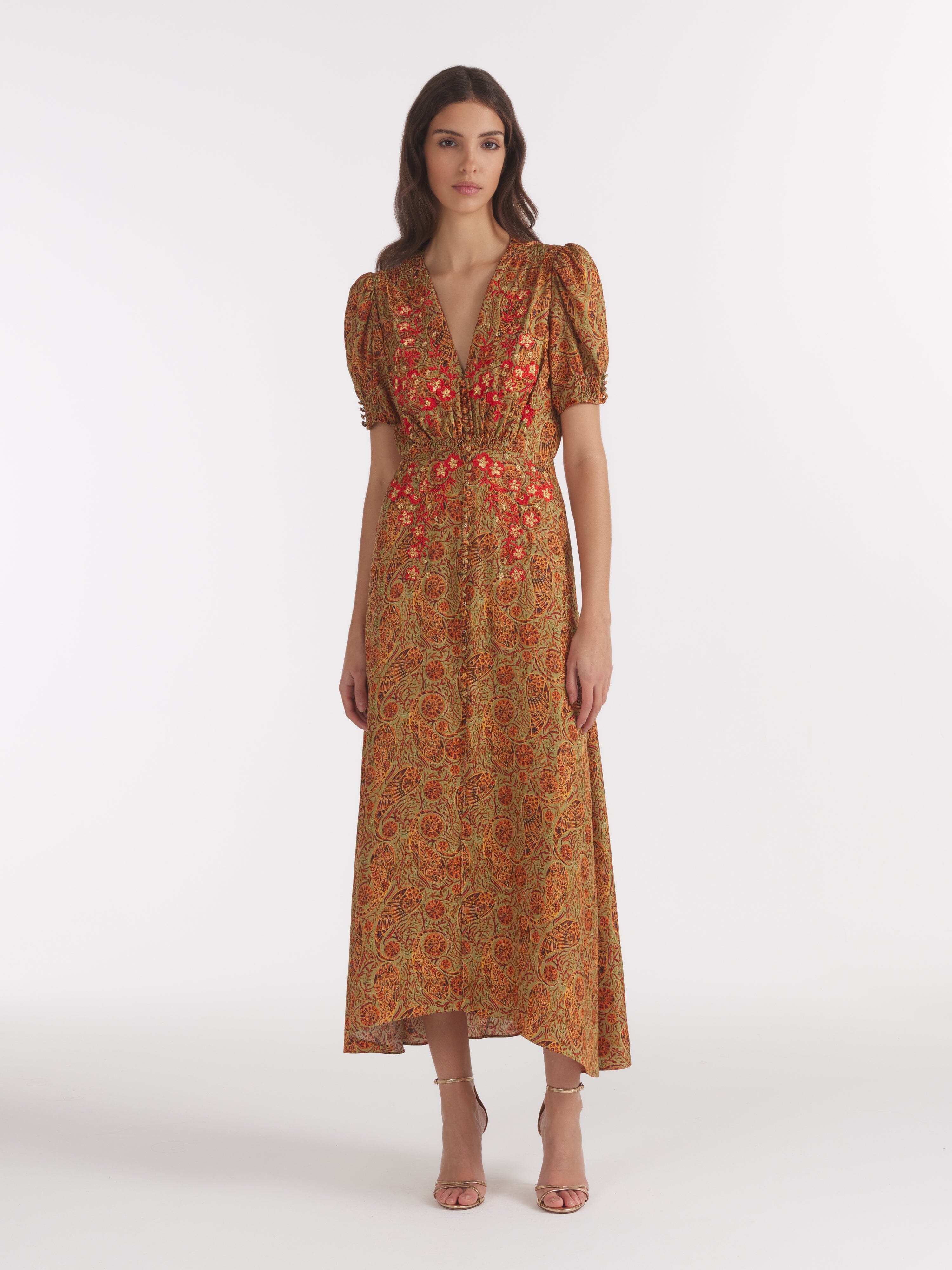 Lea Long Dress in Copper Paisley Embroidery
