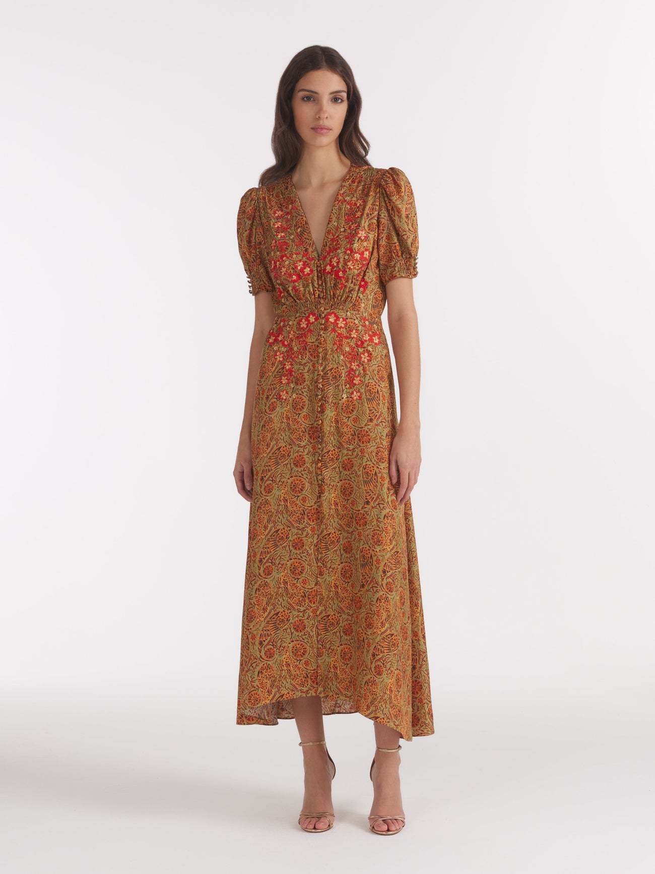 Load image into Gallery viewer, Lea Long Dress in Copper Paisley Embroidery