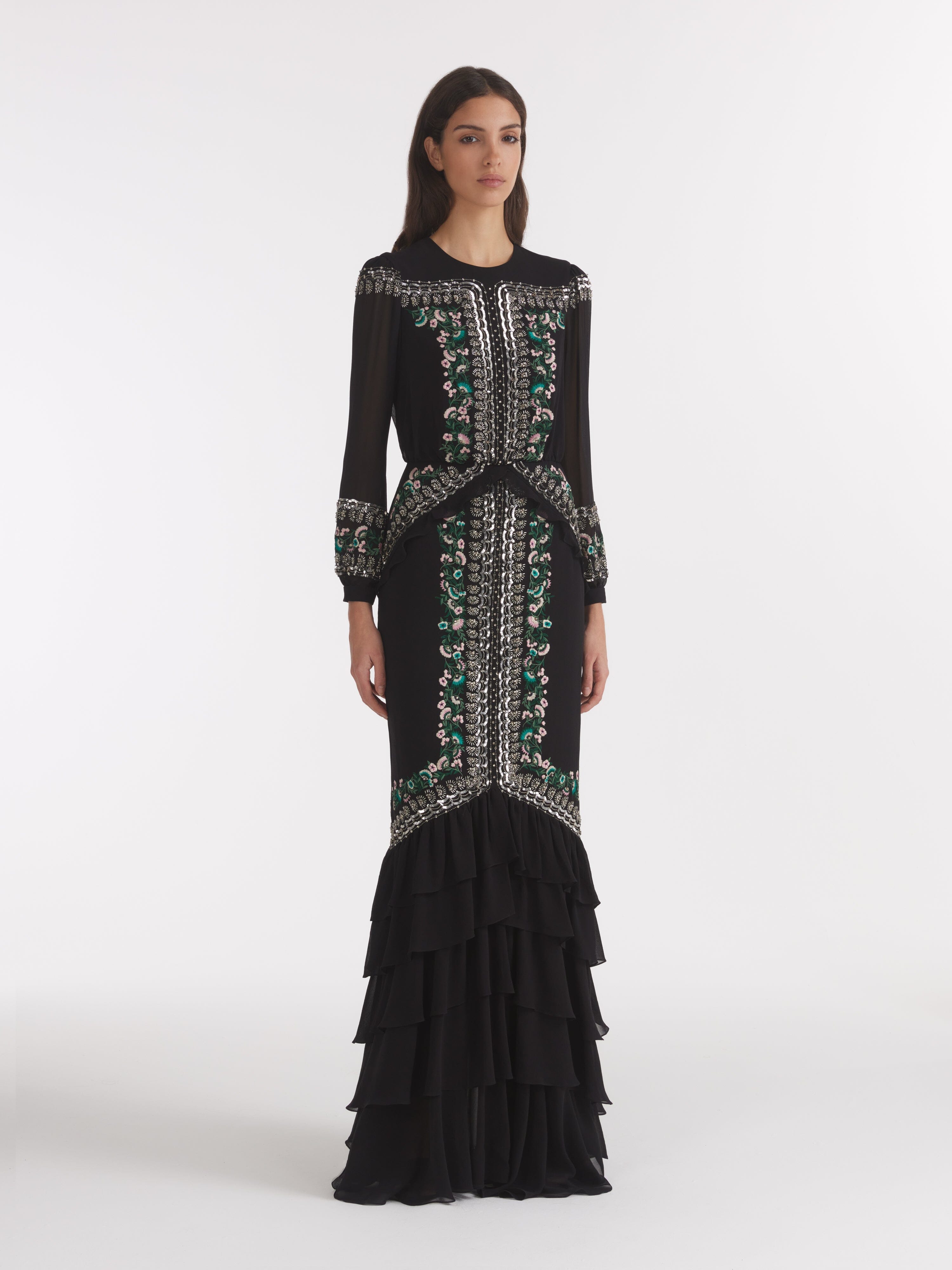 Isa Long C Dress Black Botanic Embroidery