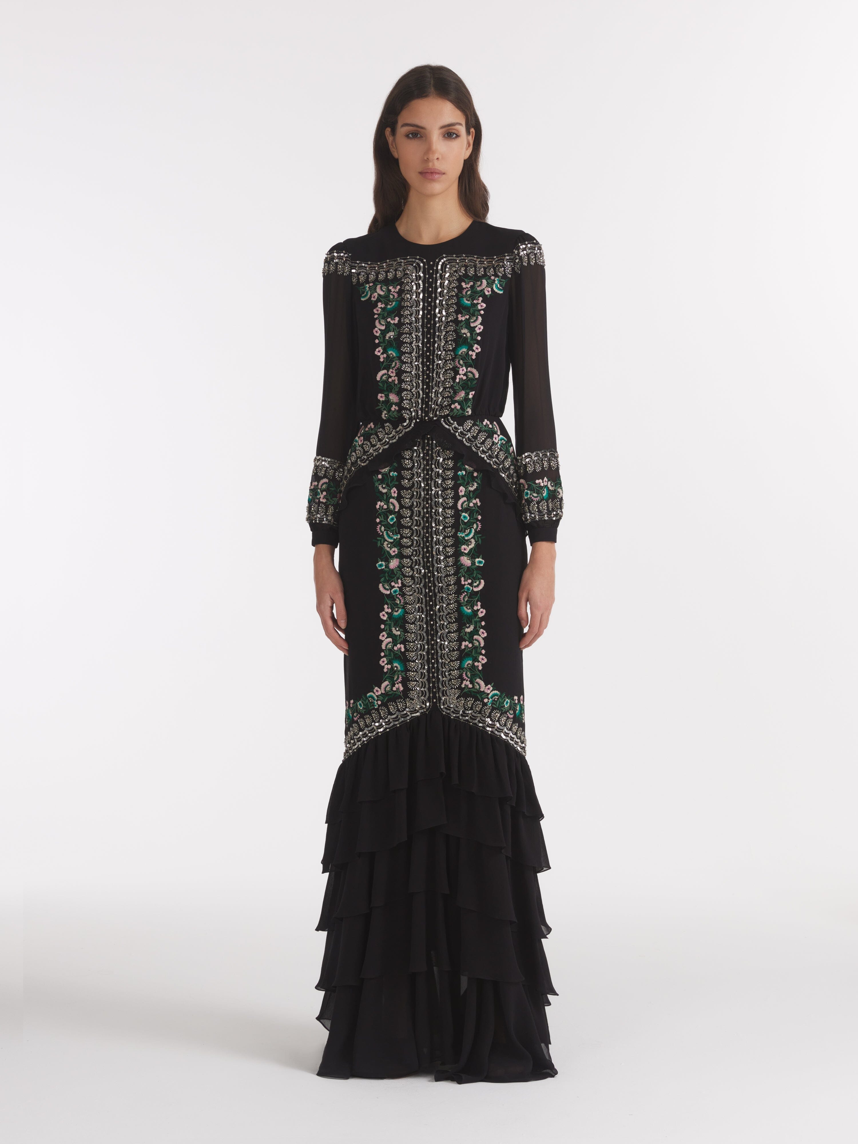 Isa Long C Dress Black Botanic Embroidery – SALONI