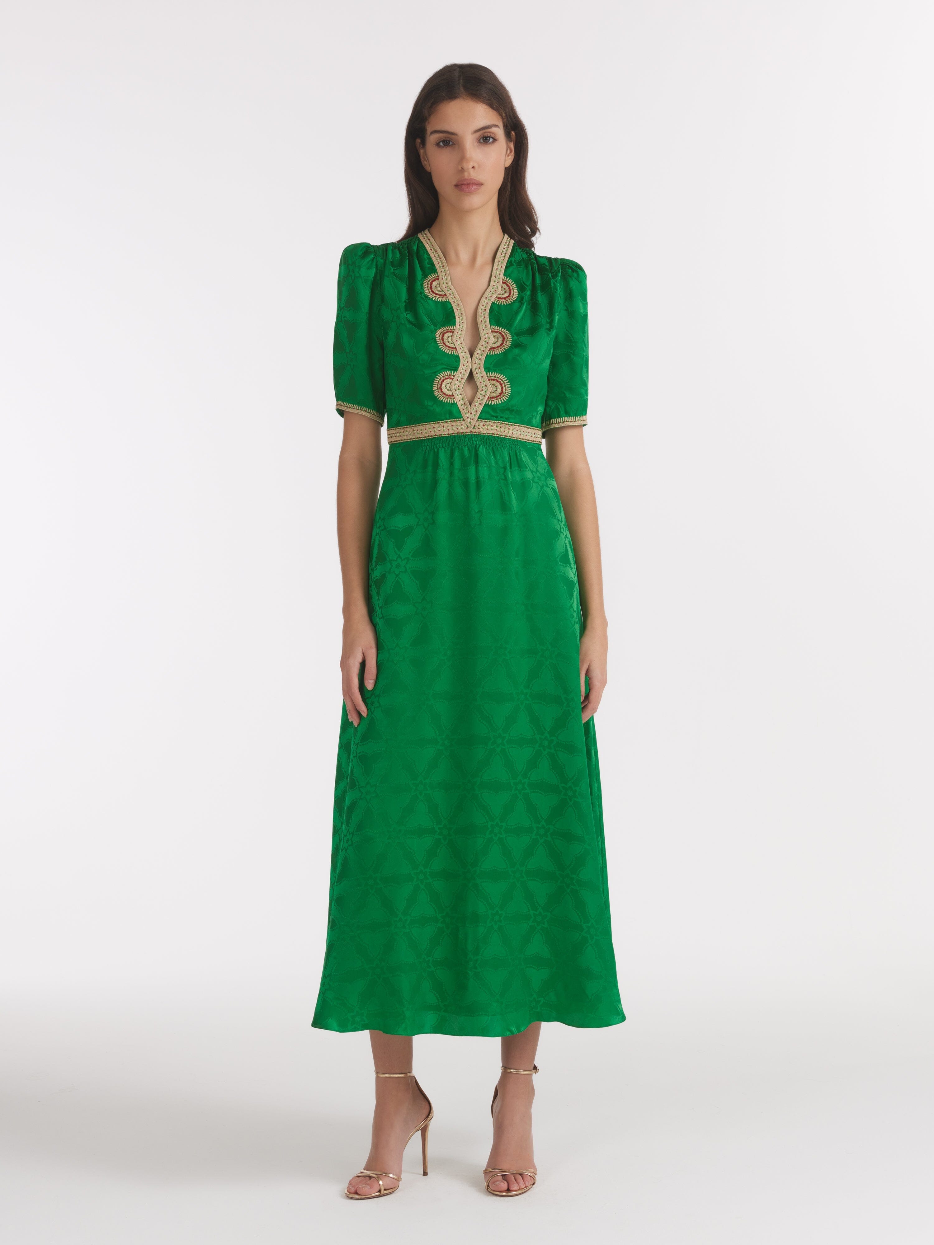 Tabitha C Dress in Emerald Green Ornate Embroidery