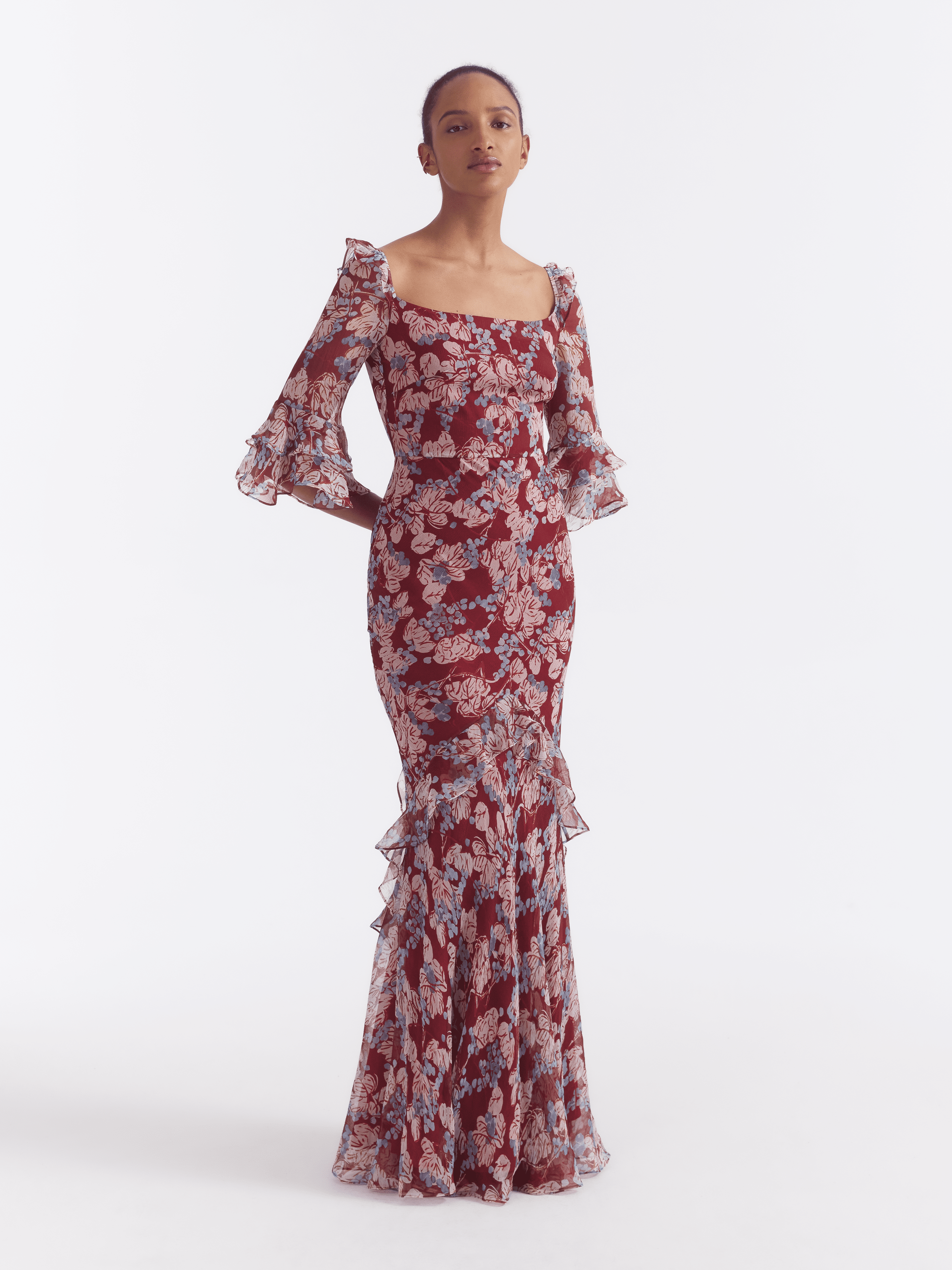 Saloni tamara floral sales silk ruffle gown