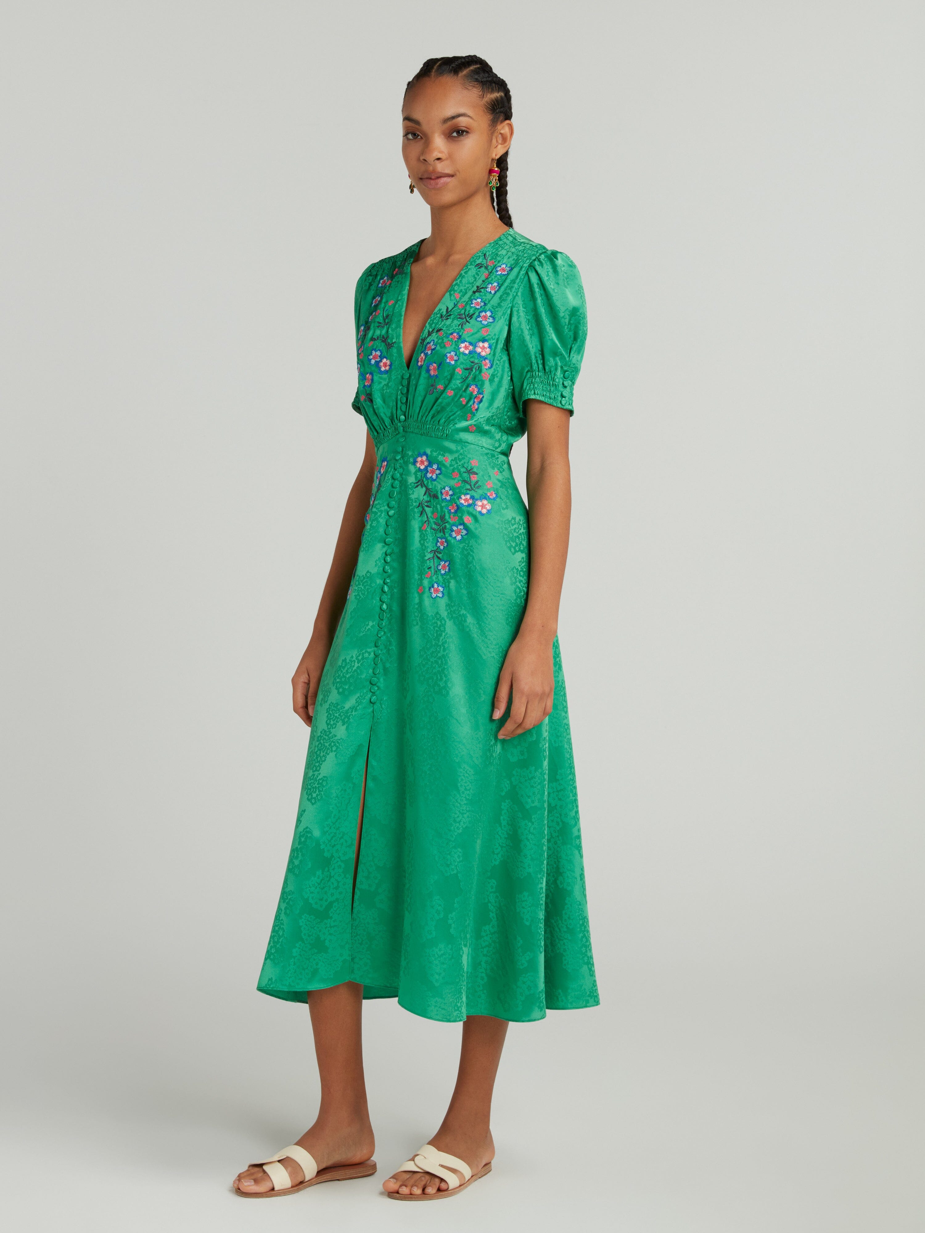 Lea Dress in Kelly Green Embroidered