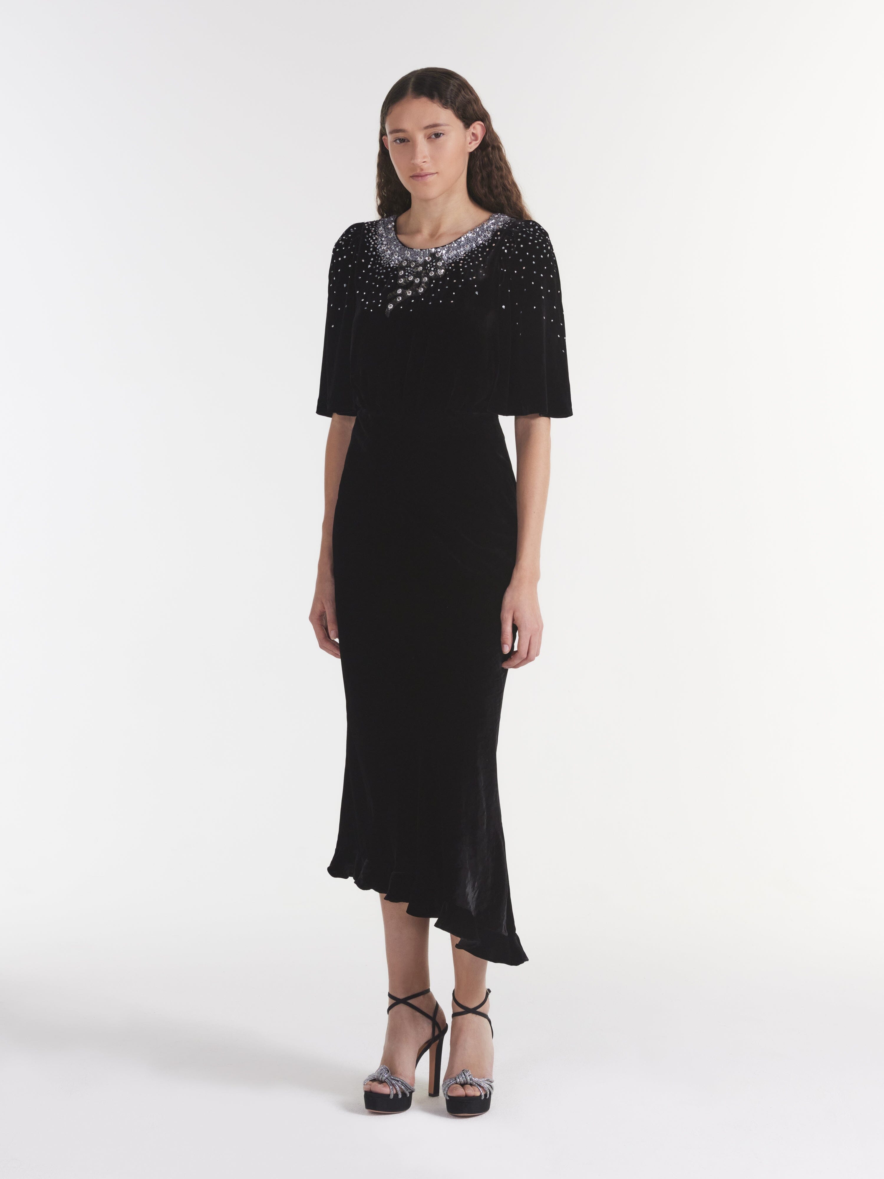 Vida Velvet Dress in Black Silver Ribbons