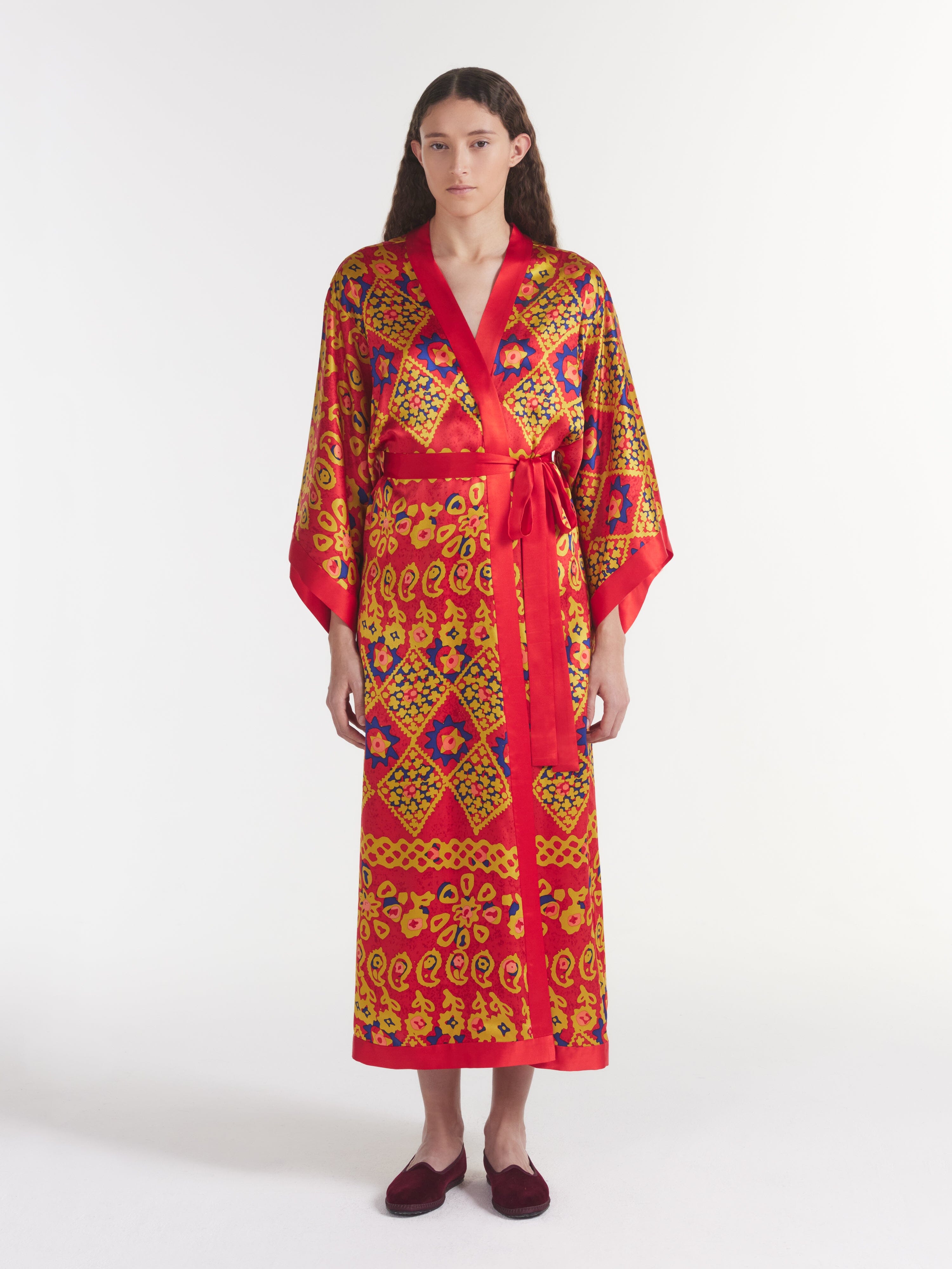 Silk Kimono Robe in Ruby Batik