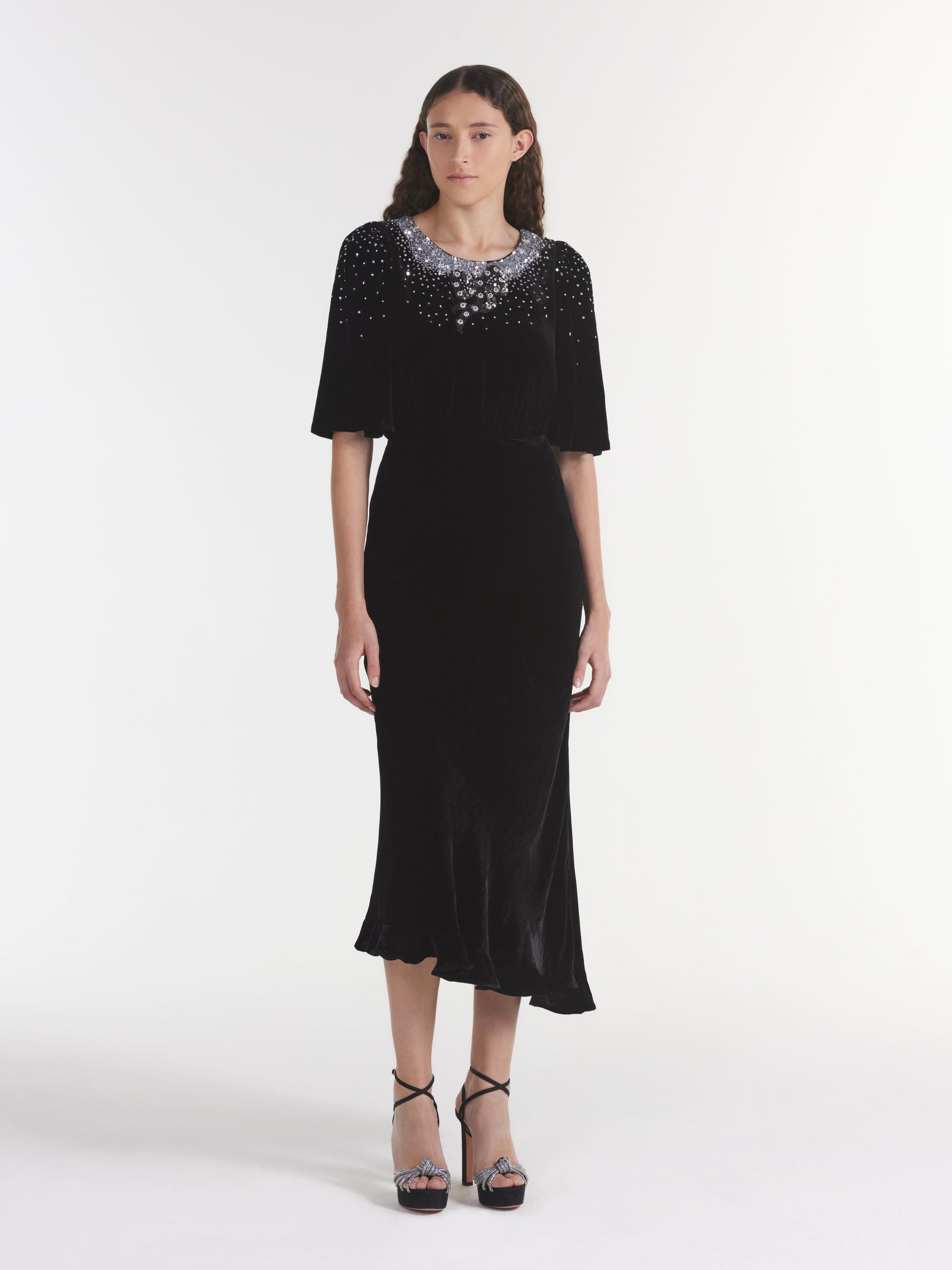 Vida Velvet Dress in Black Silver Ribbons