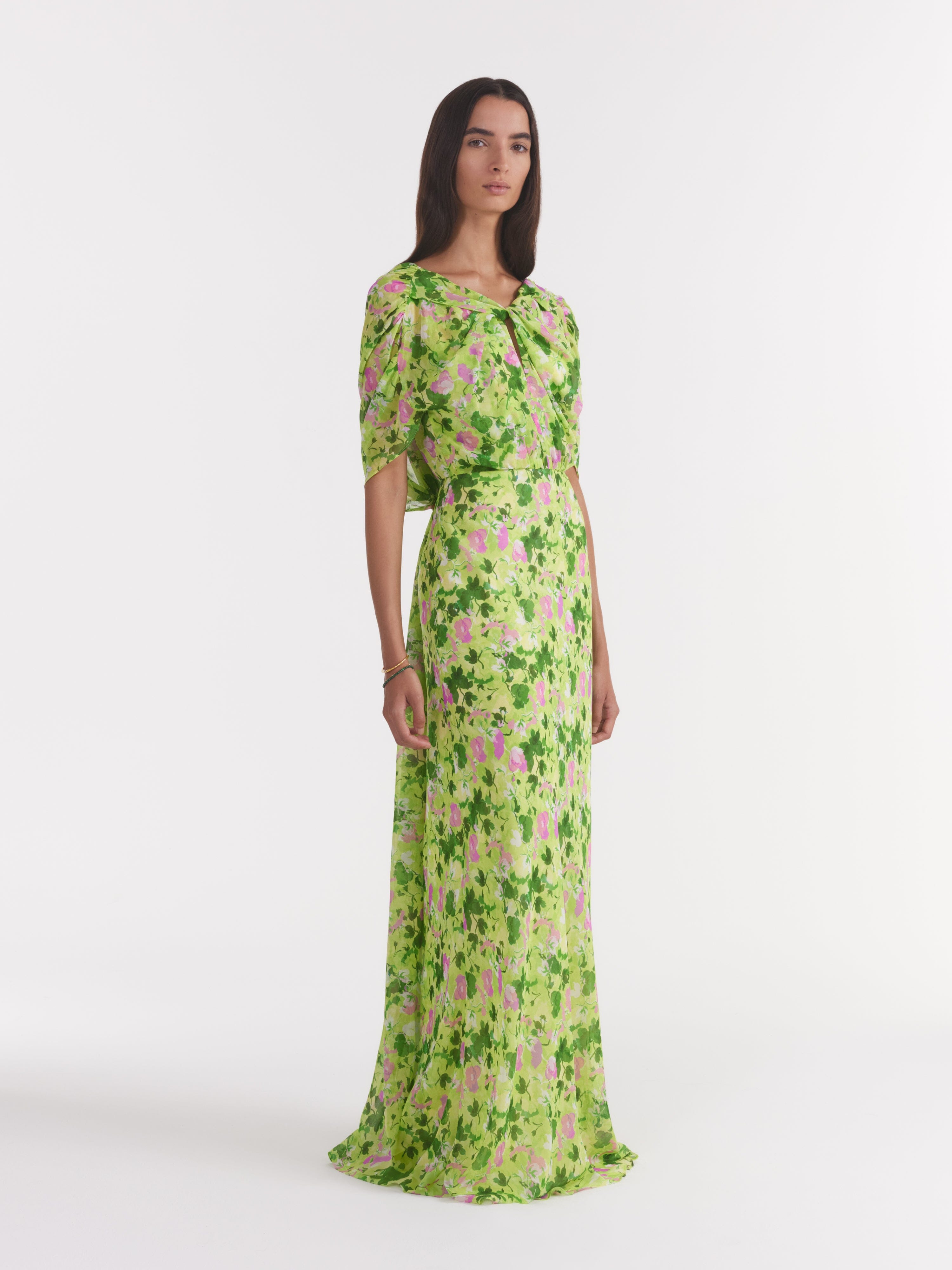 Claudia Cape Dress in Poppies Lime