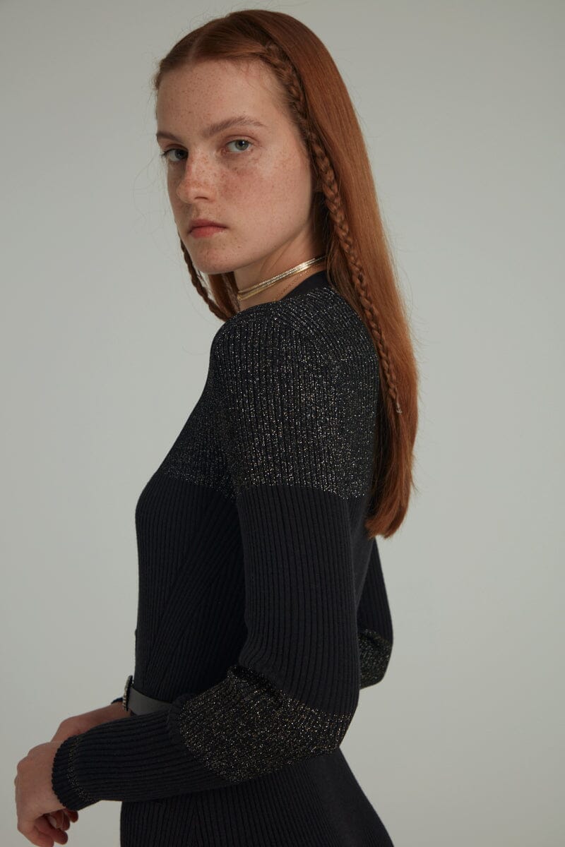 Venyx Long Rib Cardigan Dress in Black Gold SALONI