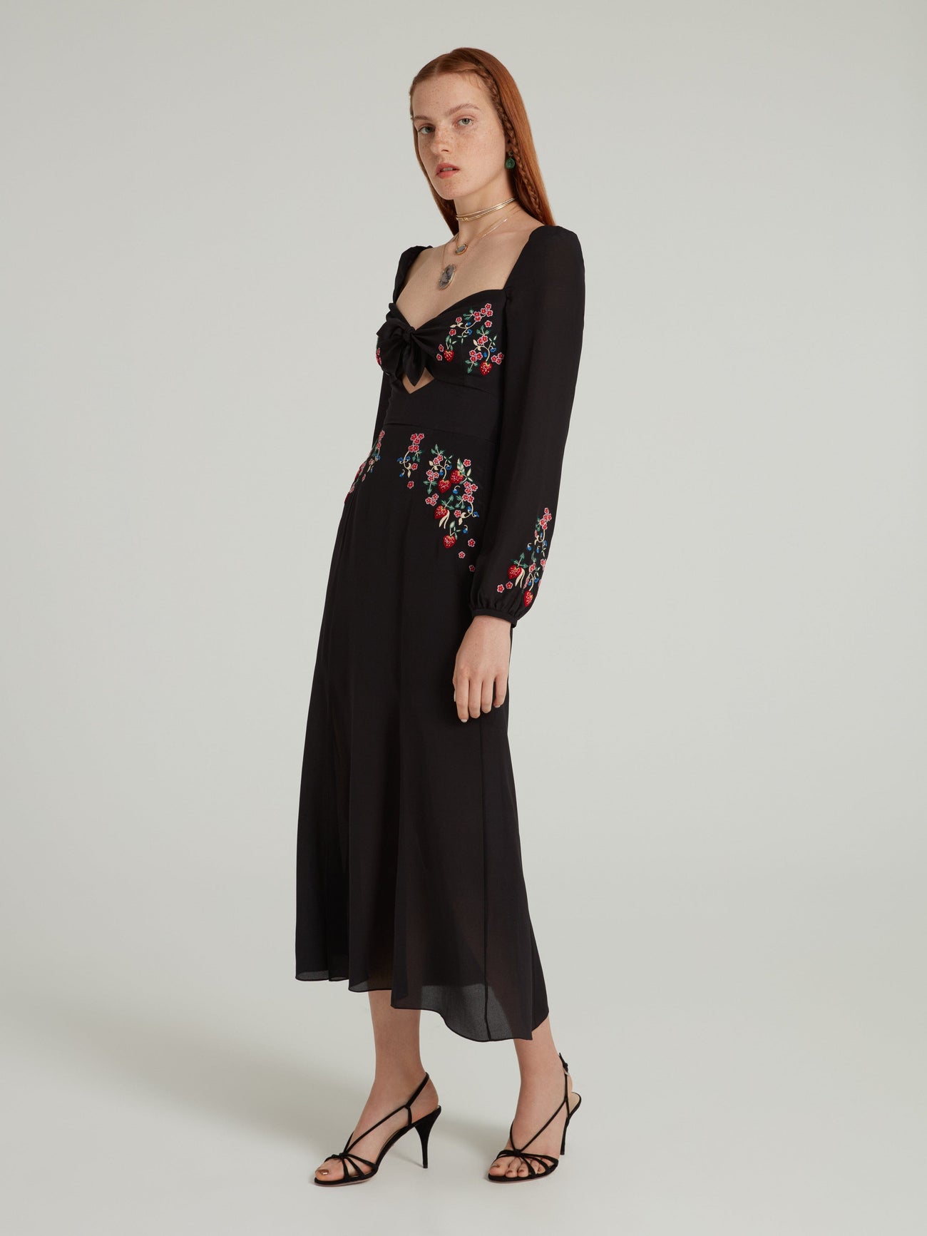 Load image into Gallery viewer, Venyx Harmony Dress in Black Strawberry Embroidery