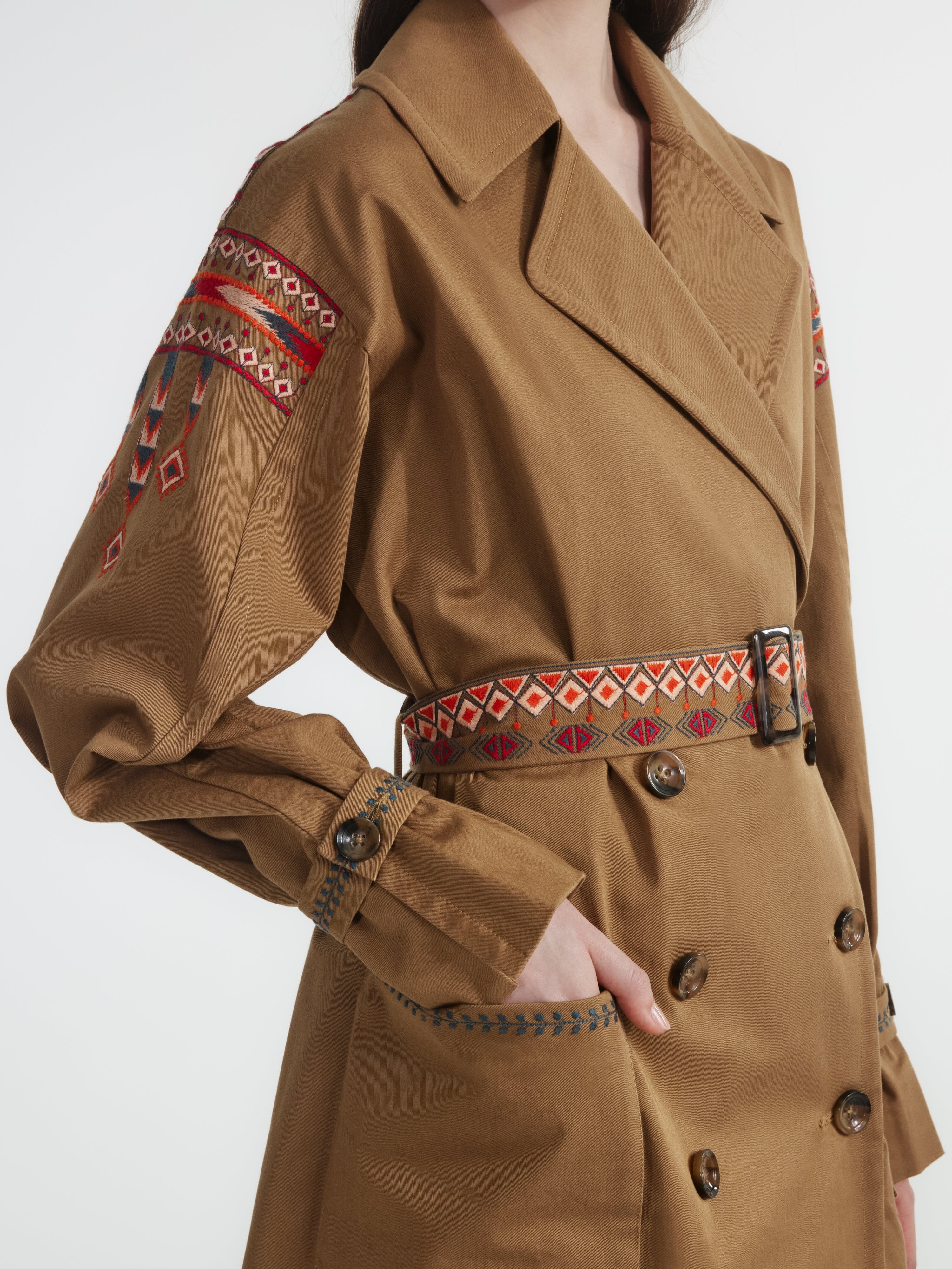 Khaki Trench With Ikat Embroidery