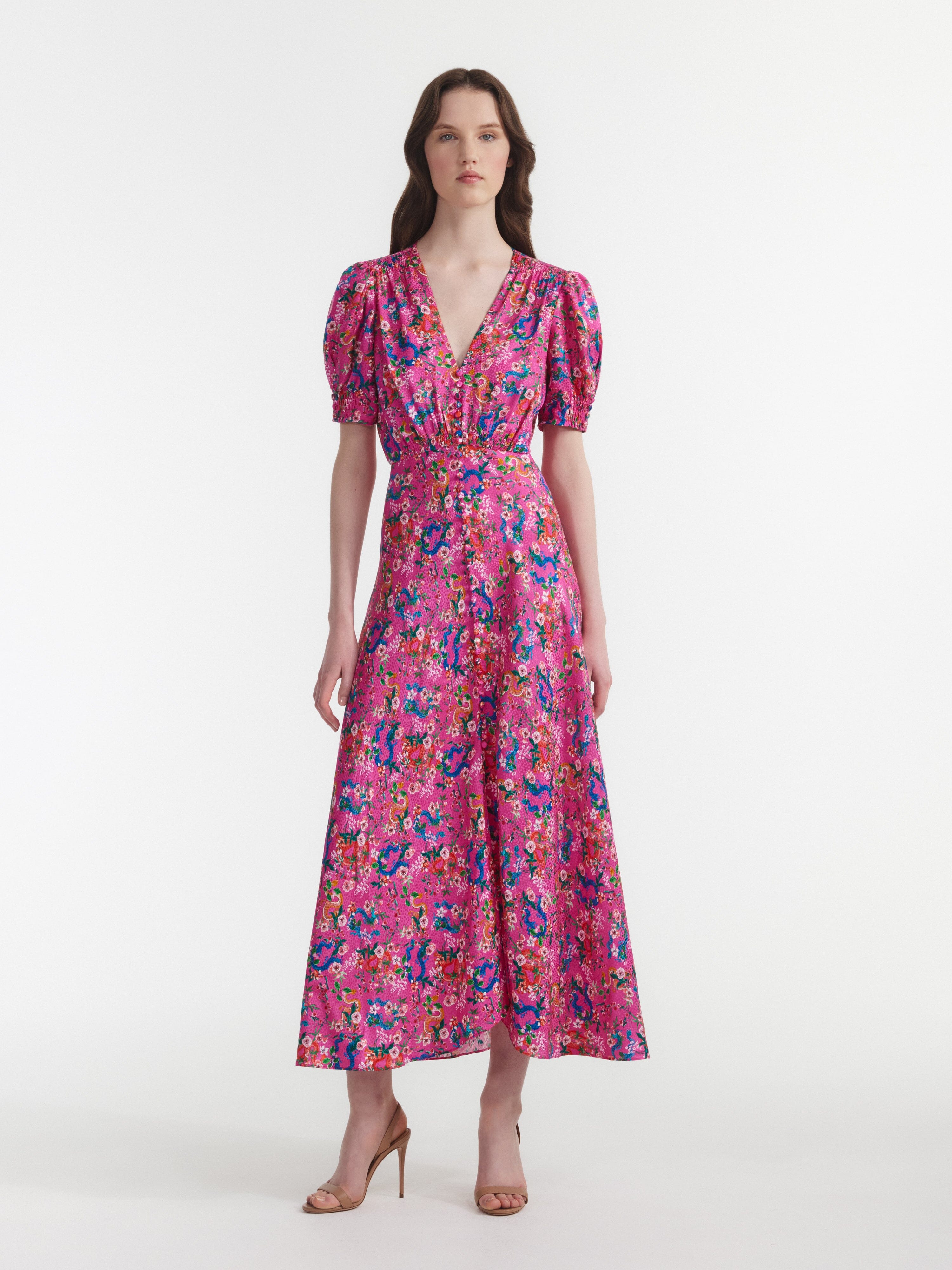 Saloni London - Lea Long Dress in Blossom Hidden Dragon - Silk Saloni London - Lea Long Dress in Blossom Hidden Dragon - Silk