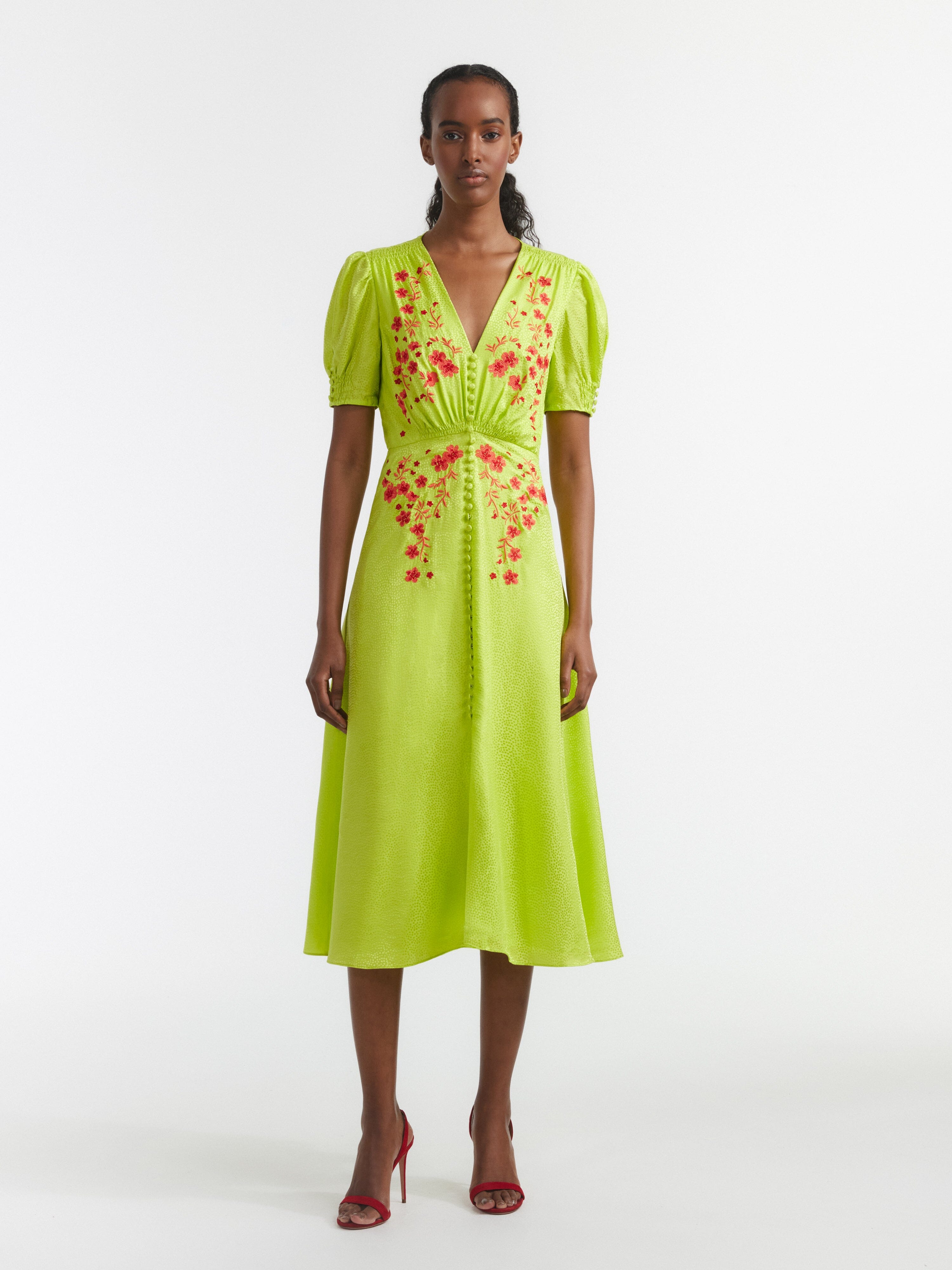 Lea Dress in Lime Coral Embroidery