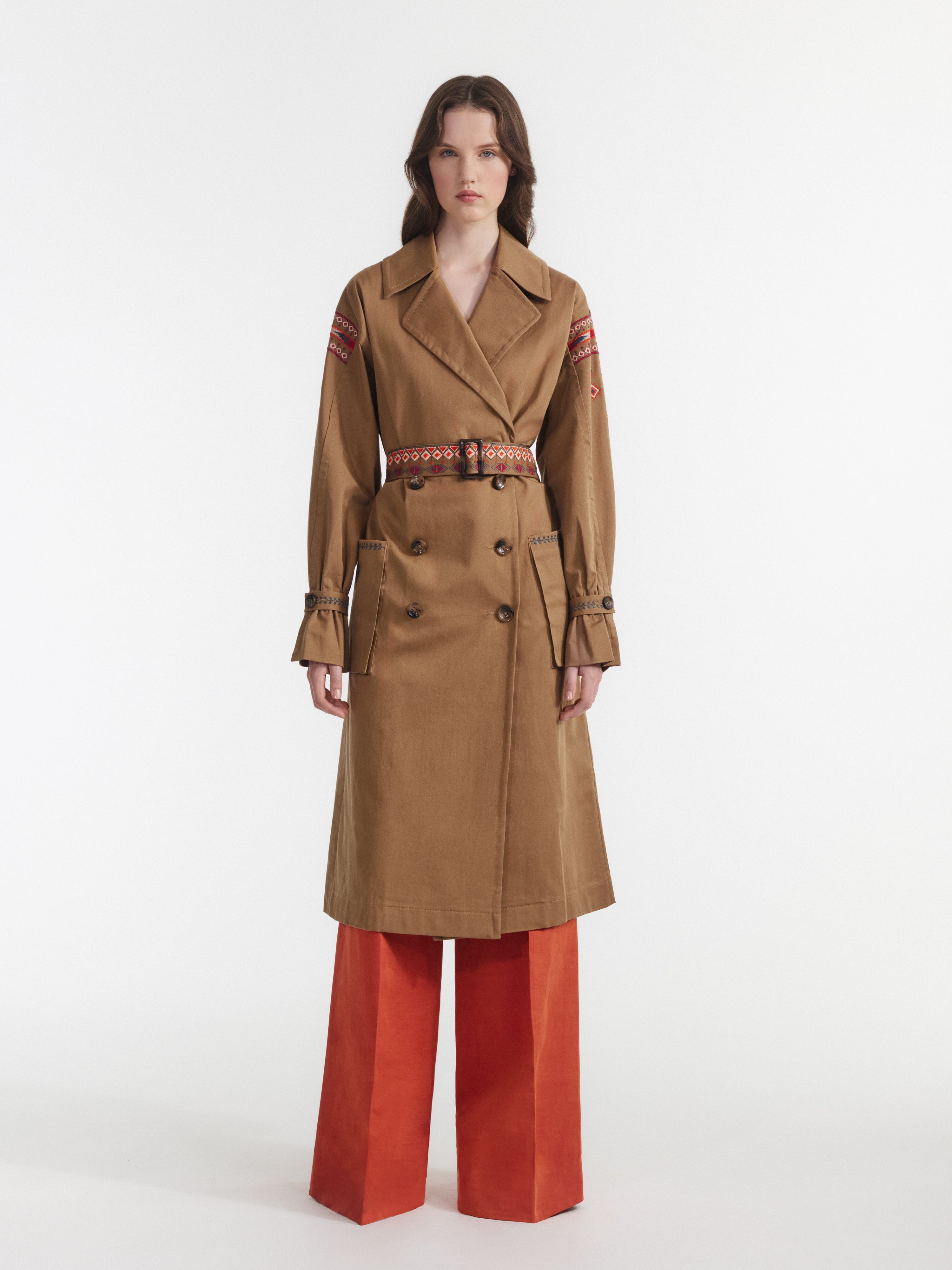 Khaki Trench With Ikat Embroidery