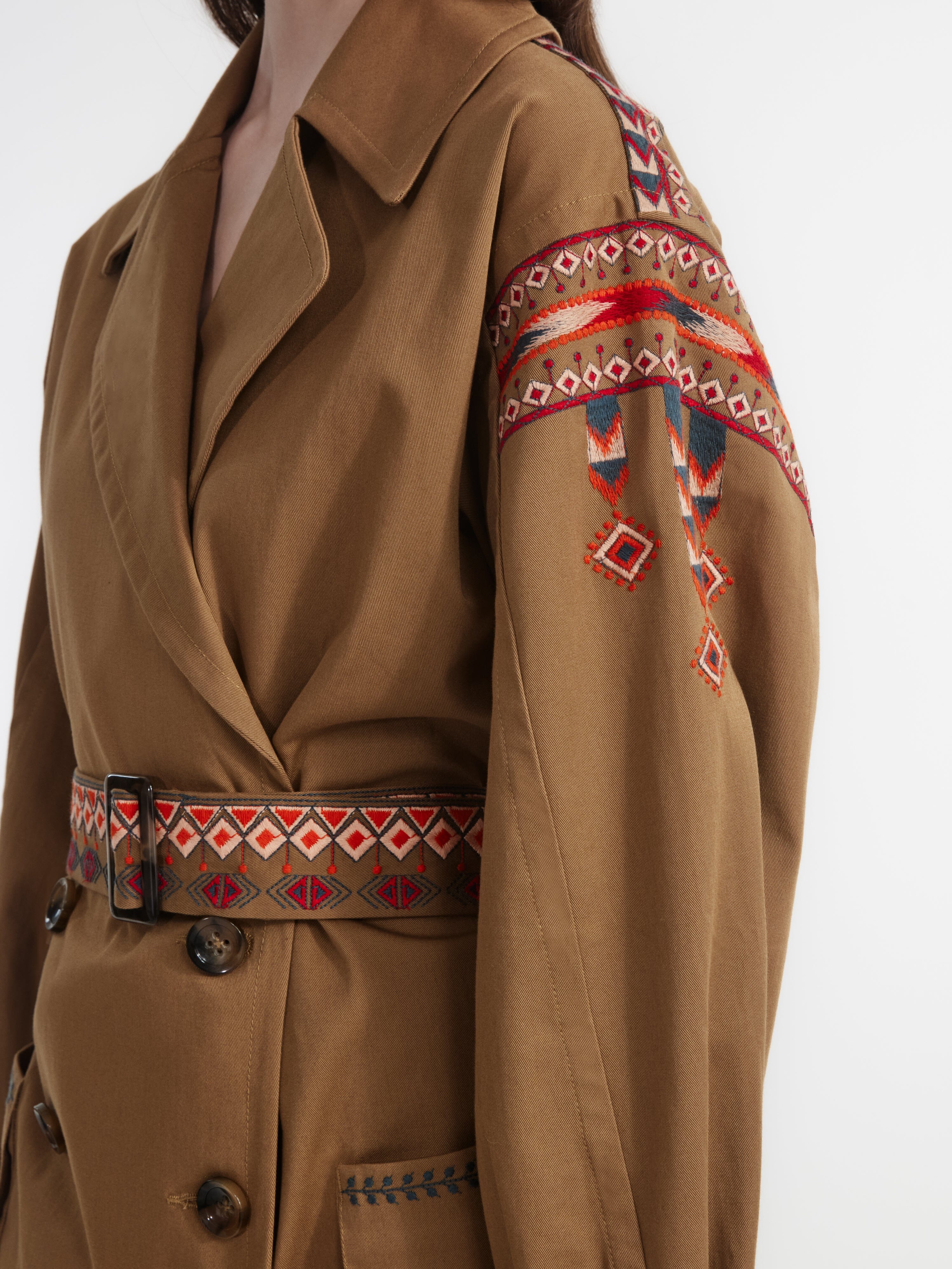 Khaki Trench With Ikat Embroidery