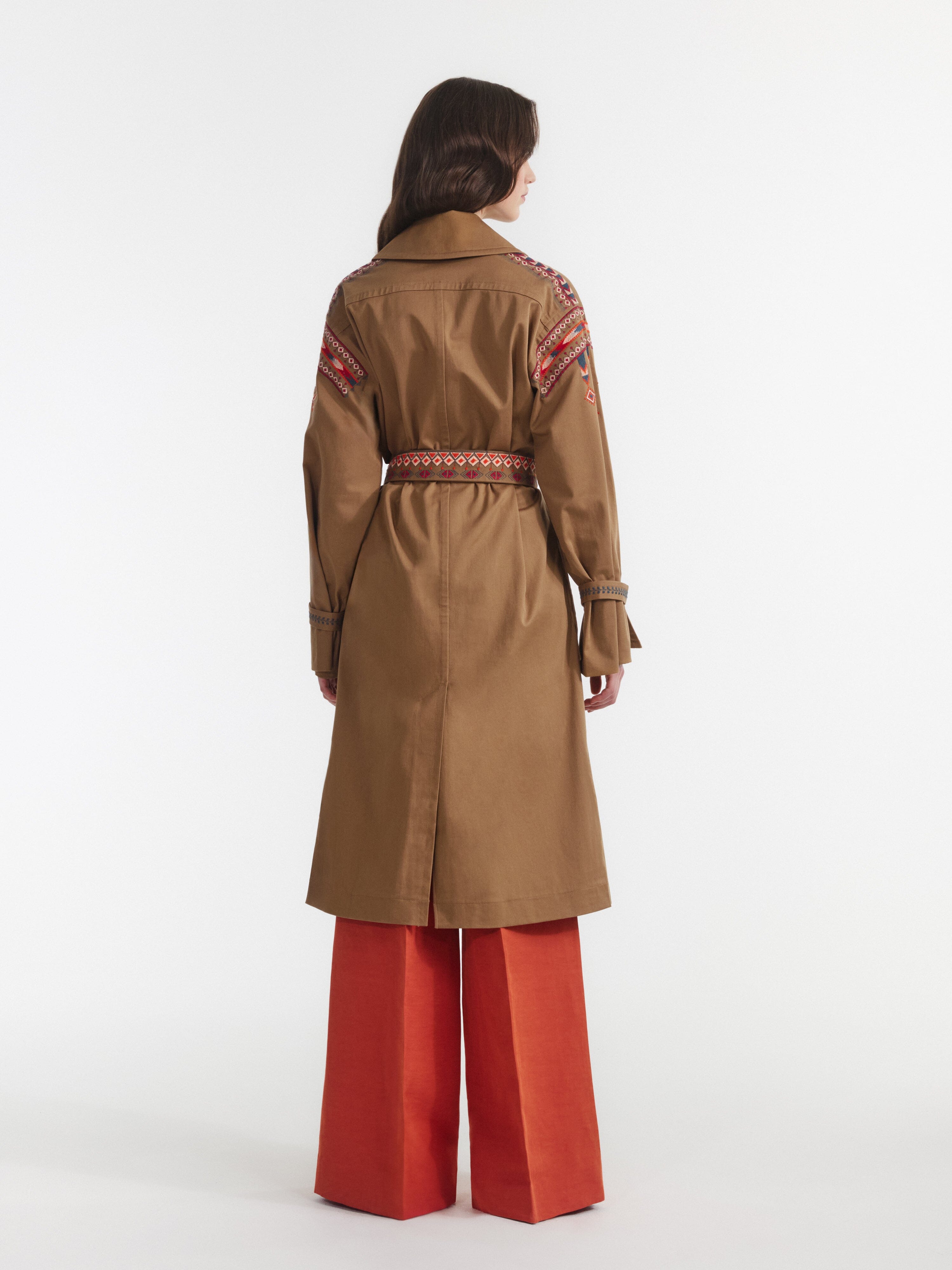 Khaki Trench With Ikat Embroidery