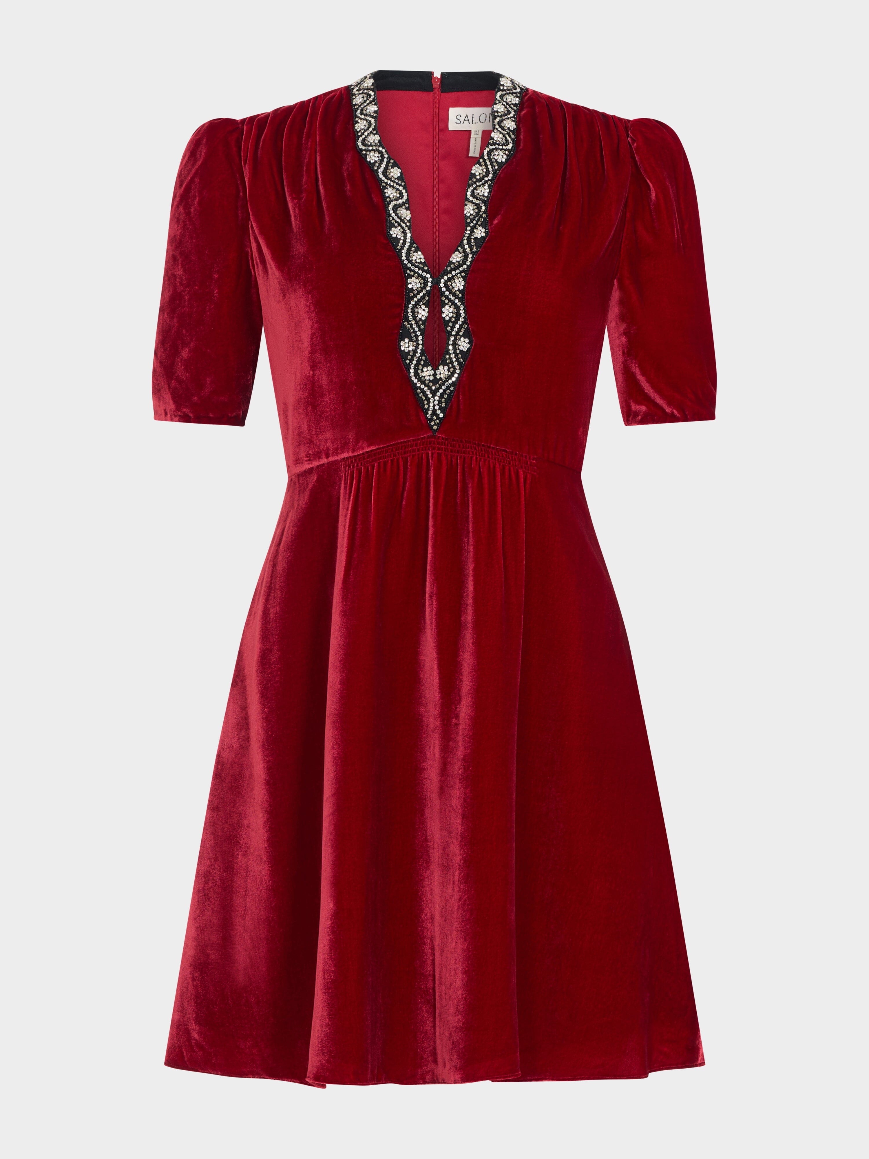 Tabitha Mini B Dress True Red Black Embroidery