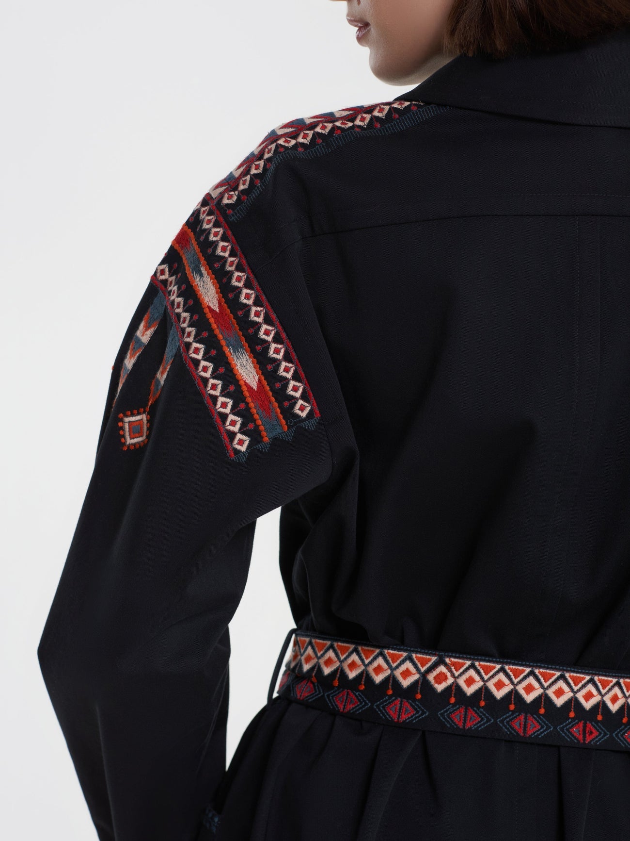 Load image into Gallery viewer, Black Trench With Ikat Embroidery