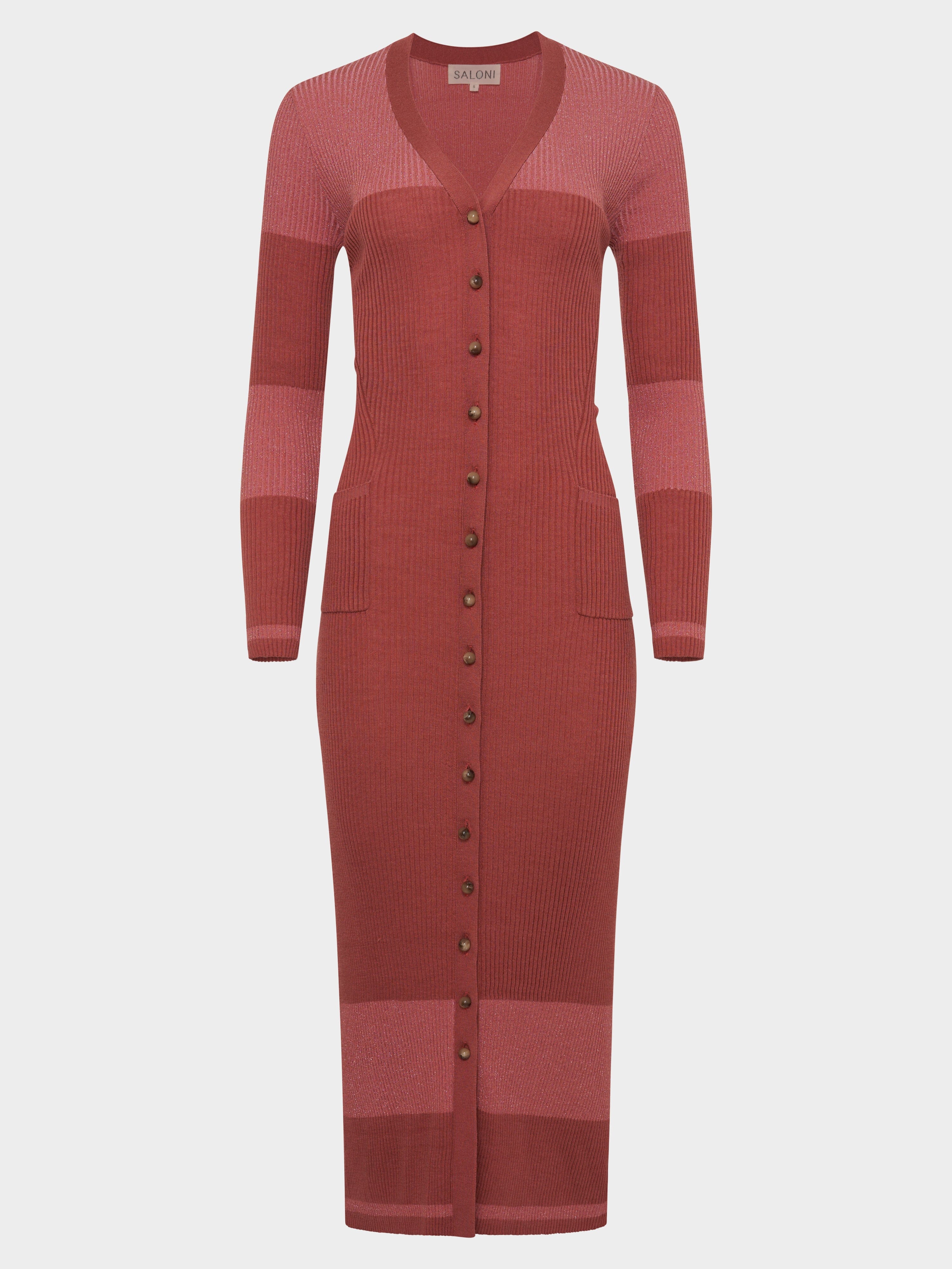 Venyx Long Rib Cardigan Dress in Cinnamon Metallic Venyx Long Rib Cardigan Dress in Cinnamon Metallic