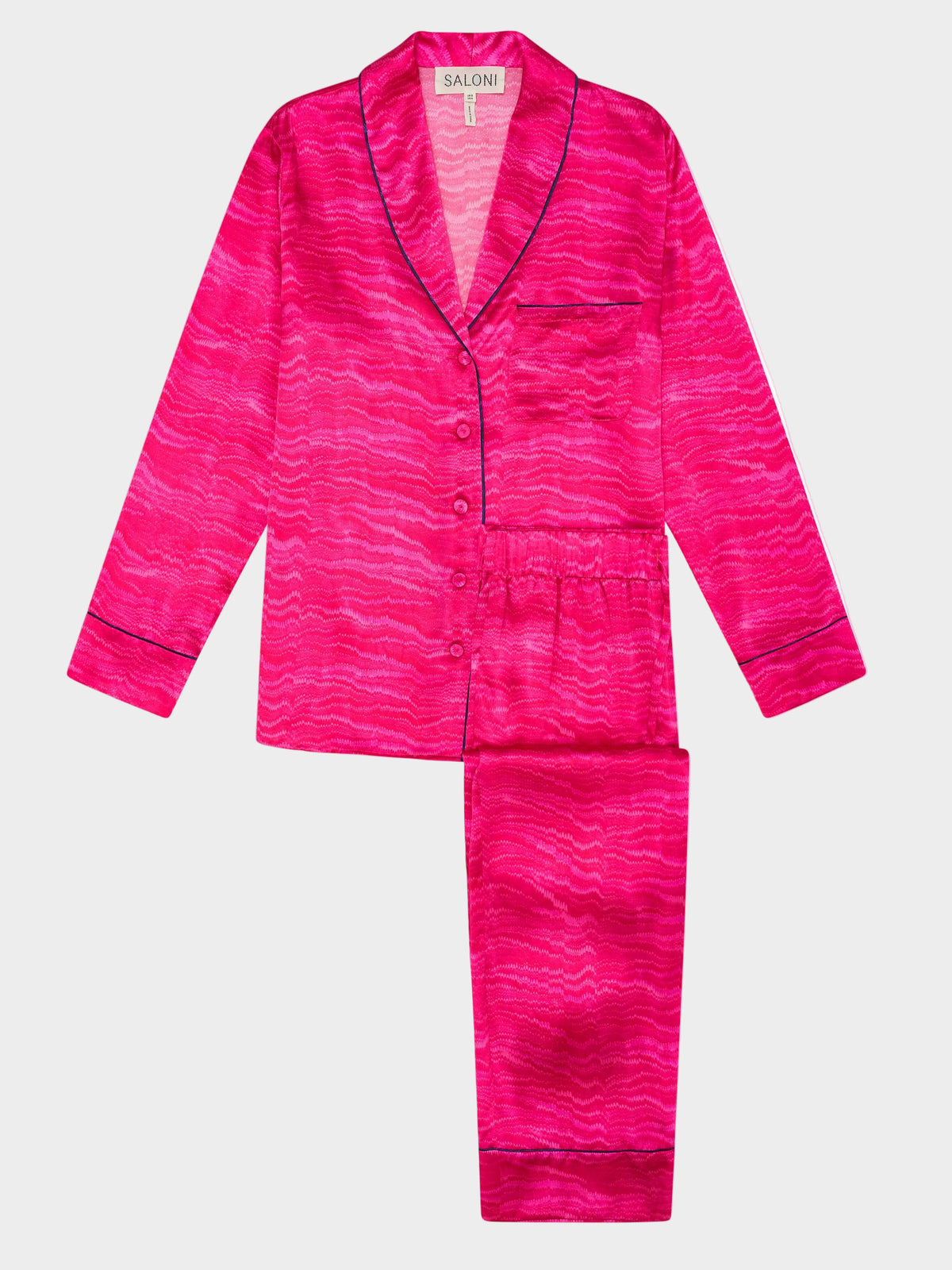 Women's pink lounge PJ set with button down top and long pants, featuring a marbled design.