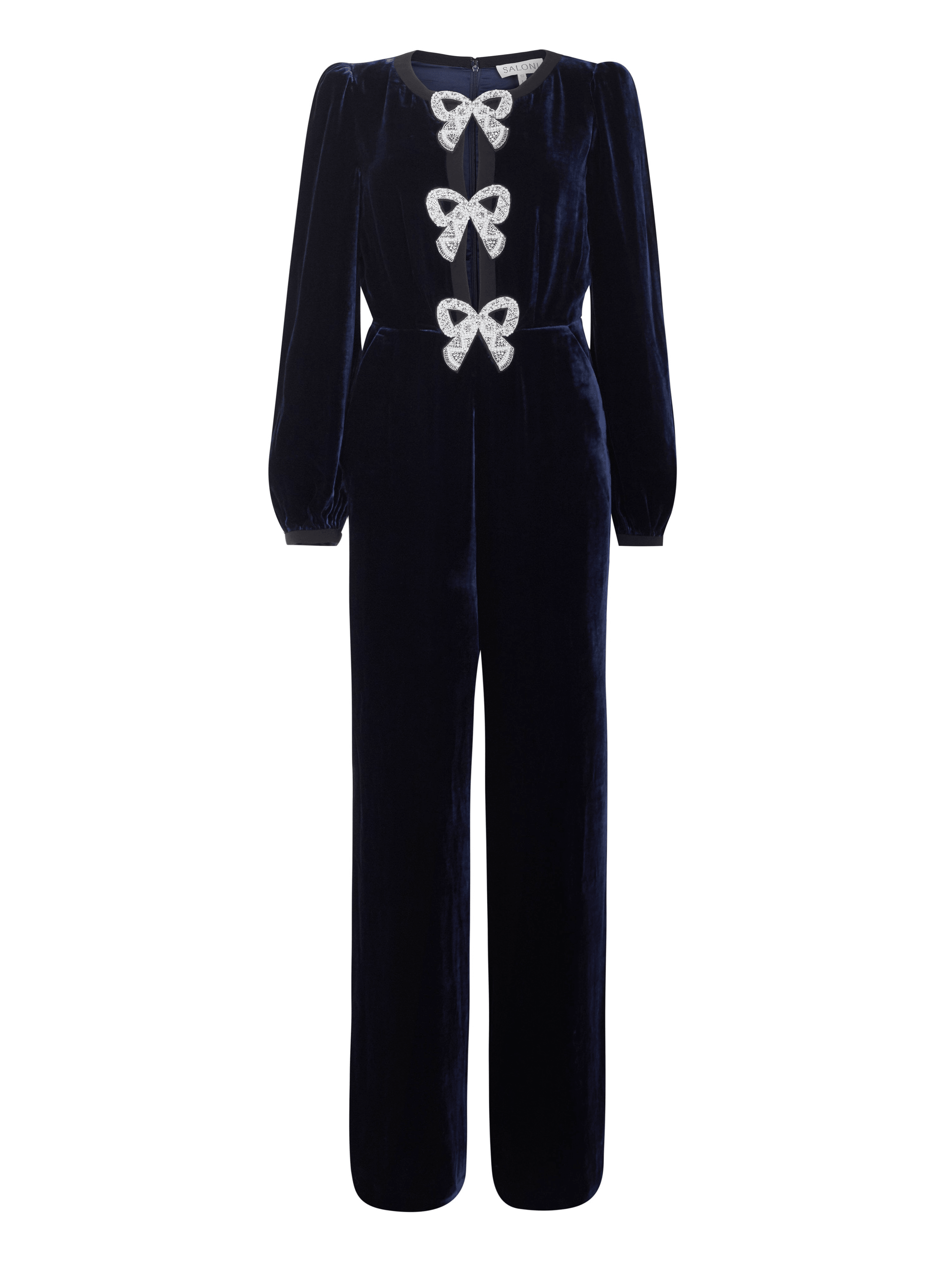 Camille Velvet Embellished Bows Jumpsuit in Navy