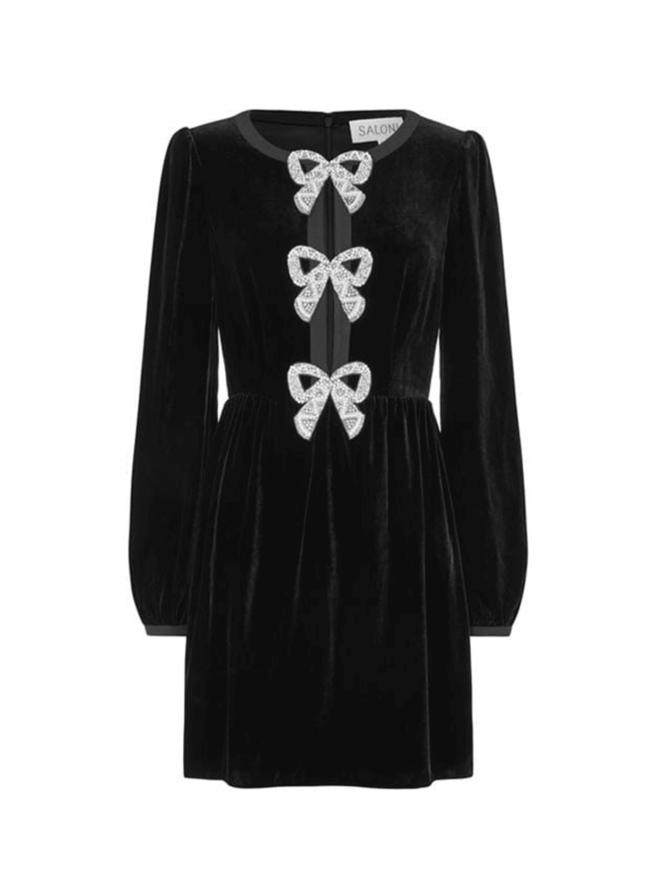 Camille Velvet Embellished Bows Mini Dress in Black