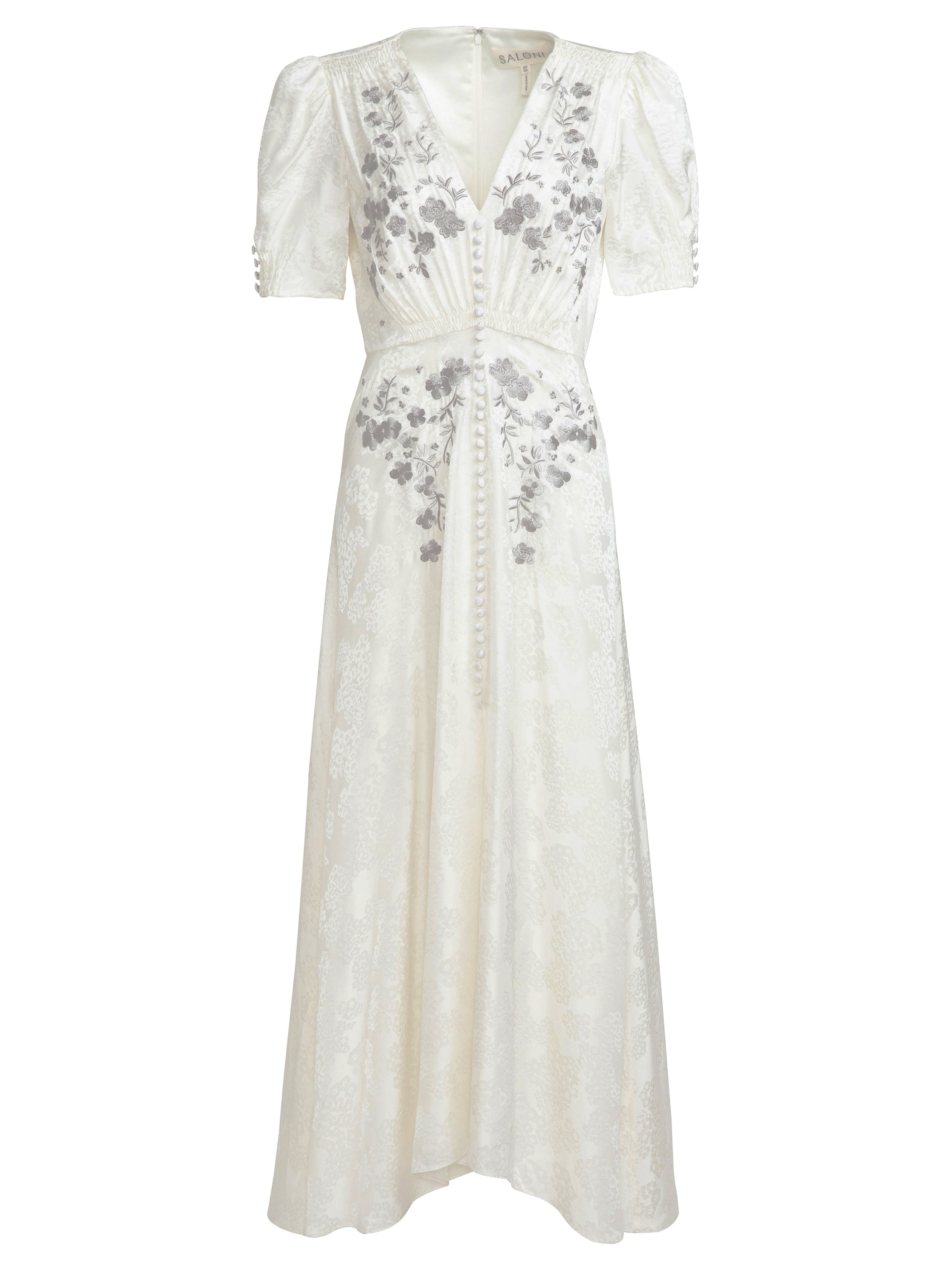 Lea Long Dress in Ivory Silver Embroidery