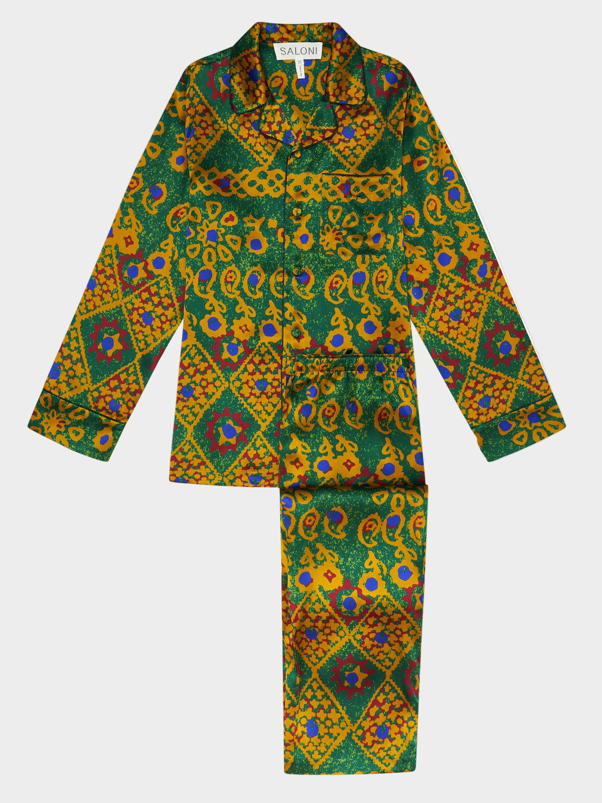 A green pajama set with a geometric batik pattern featuring gold, burgundy, and blue colors.