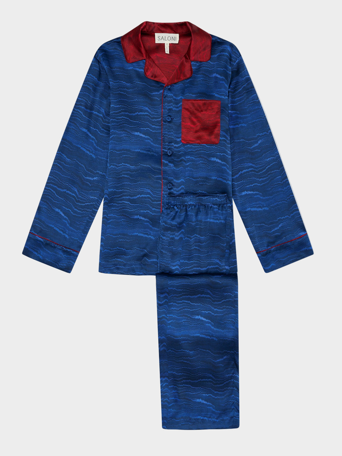 A navy blue pajama set with marbled pattern, featuring a collar and a front pocket, long sleeves, and button-down closure.