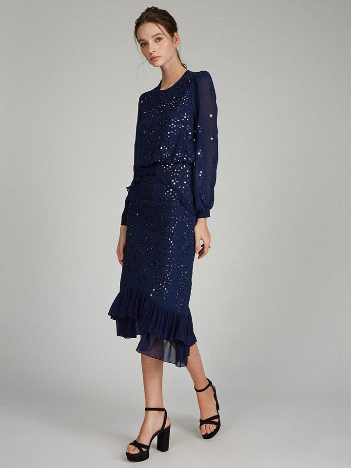 Load image into Gallery viewer, Venyx Isa Silk B Dress in Navy Ornate Mirror Embroidered