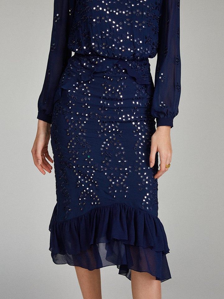 Load image into Gallery viewer, Venyx Isa Silk B Dress in Navy Ornate Mirror Embroidered