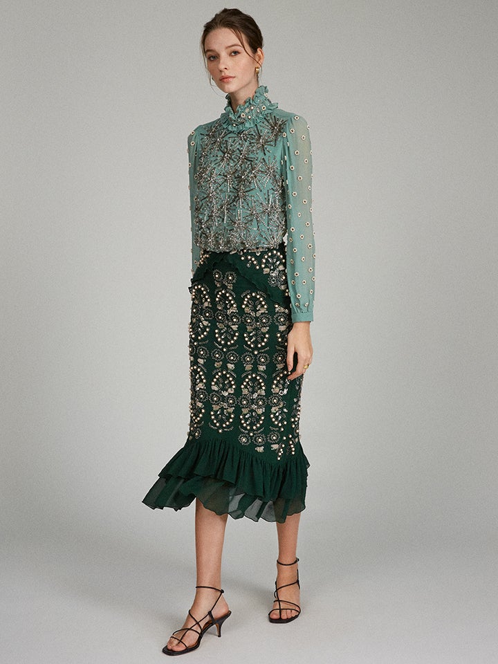 Load image into Gallery viewer, Isa Silk B Dress in Jade Green Embroidered