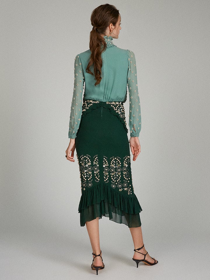 Load image into Gallery viewer, Isa Silk B Dress in Jade Green Embroidered
