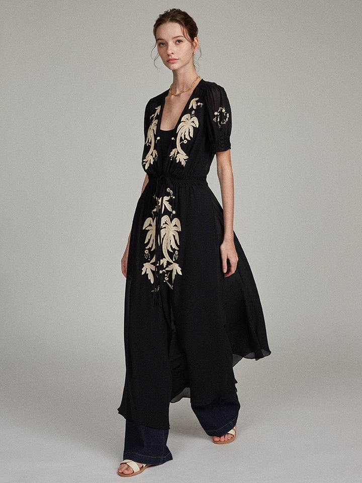 Load image into Gallery viewer, Lea Robe in Black with Embroidered Palms