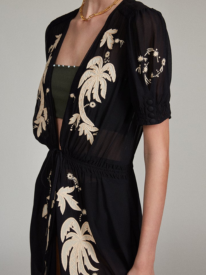 Load image into Gallery viewer, Lea Robe in Black with Embroidered Palms