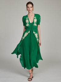 Lea Robe in Emerald with Embroidered Palms