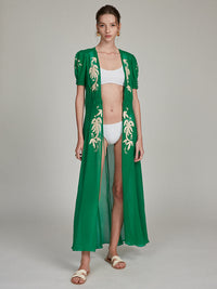 Lea Robe in Emerald with Embroidered Palms