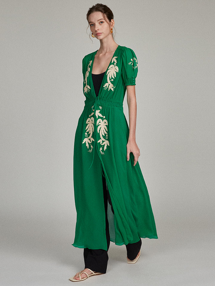 Load image into Gallery viewer, Lea Robe in Emerald with Embroidered Palms