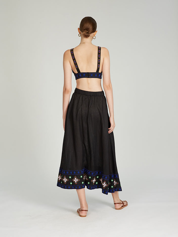 Load image into Gallery viewer, Della B Skirt in Black with Geo Flower Embroidery