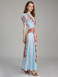 Lea Long Dress in Coral Adorning print