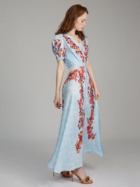 Lea Long Dress in Coral Adorning print