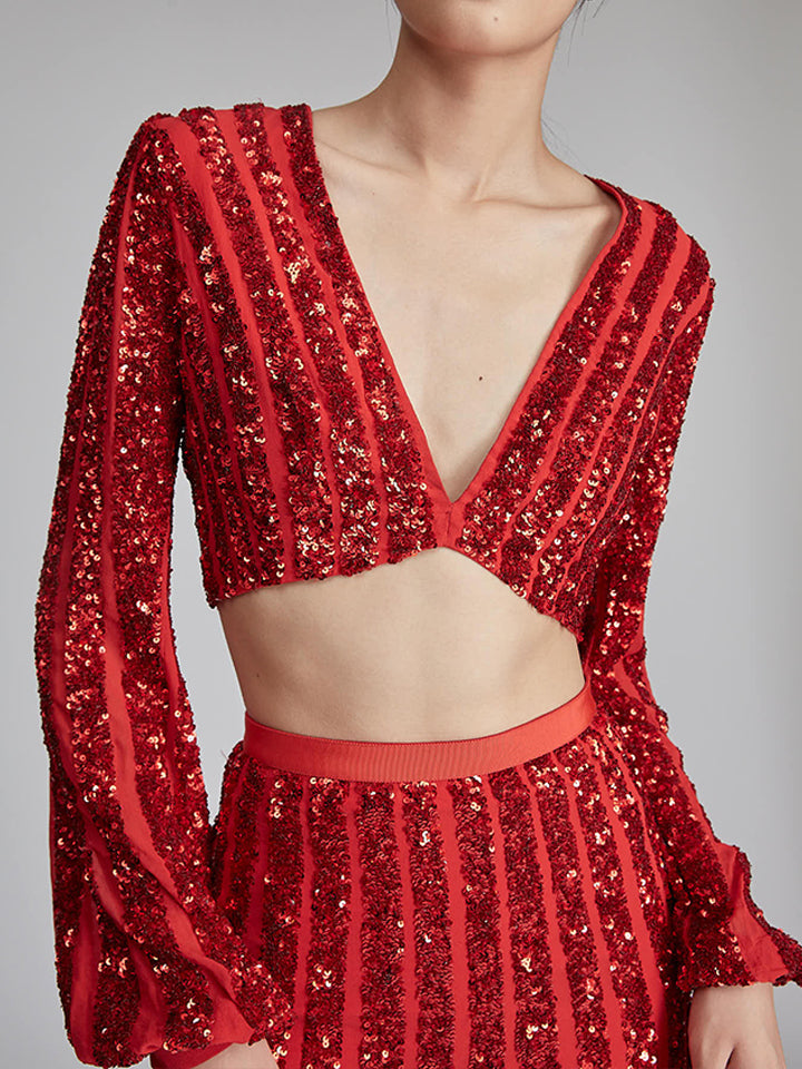 Load image into Gallery viewer, Venyx Camille Crop Top in Scarlet with Sequin Embroidery