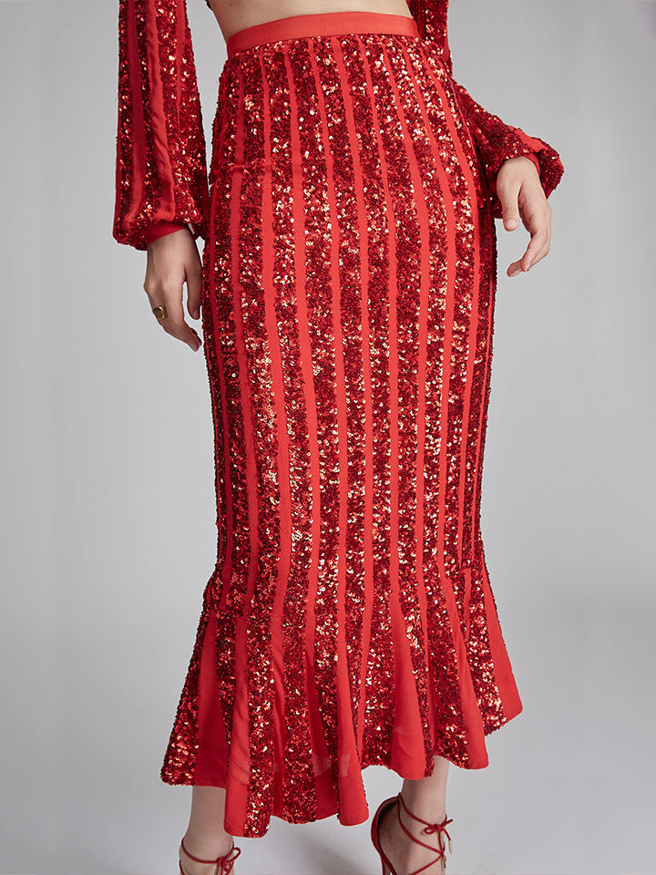Load image into Gallery viewer, Aidan Venyx Skirt in Scarlet with Sequin Embroidery