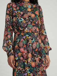 Isa Ruffle Dress in Noir Adorning print