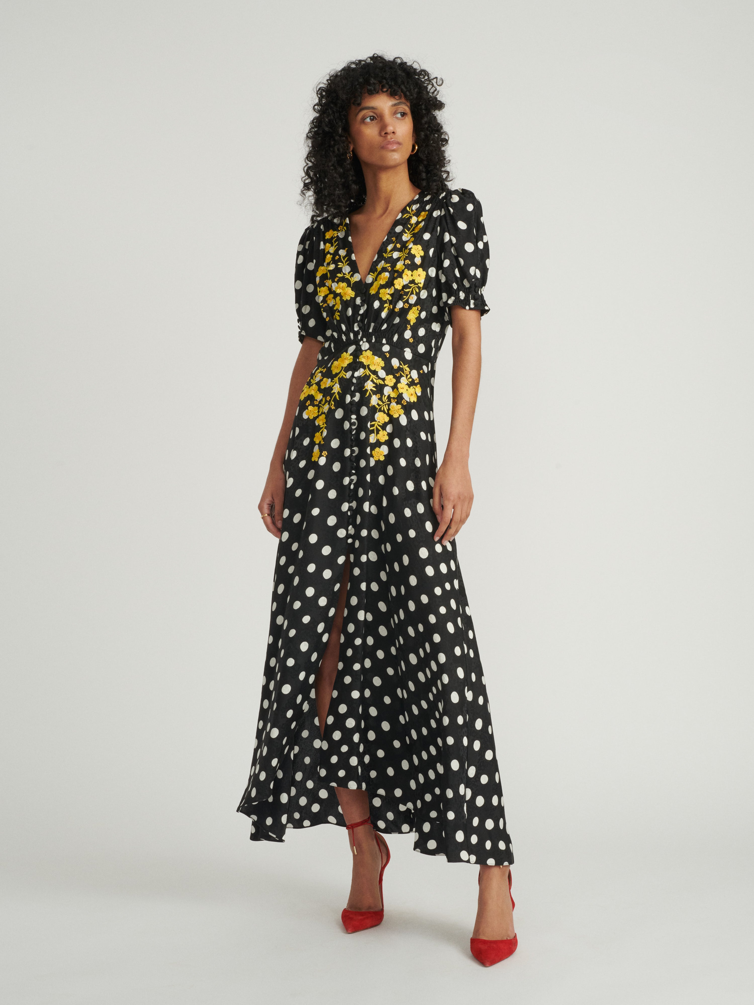 Lea Long Dress in Polka Dot Embroidered