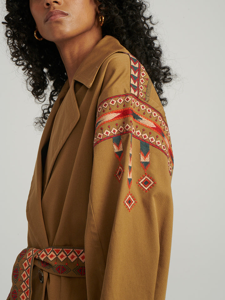 Load image into Gallery viewer, Khaki Trench With Ikat Embroidery