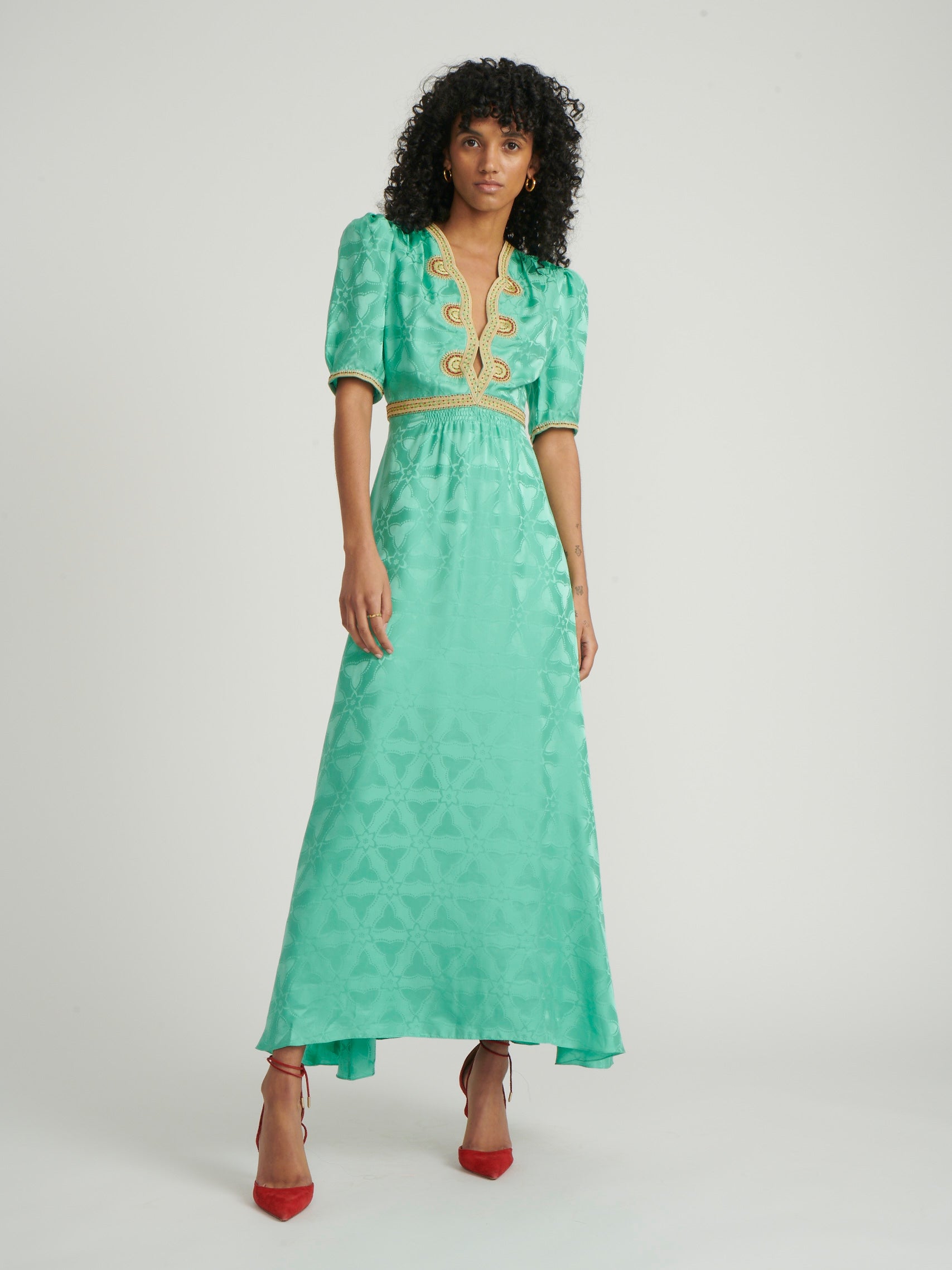 Tabitha Dress in Mint with Ornate Embroidery