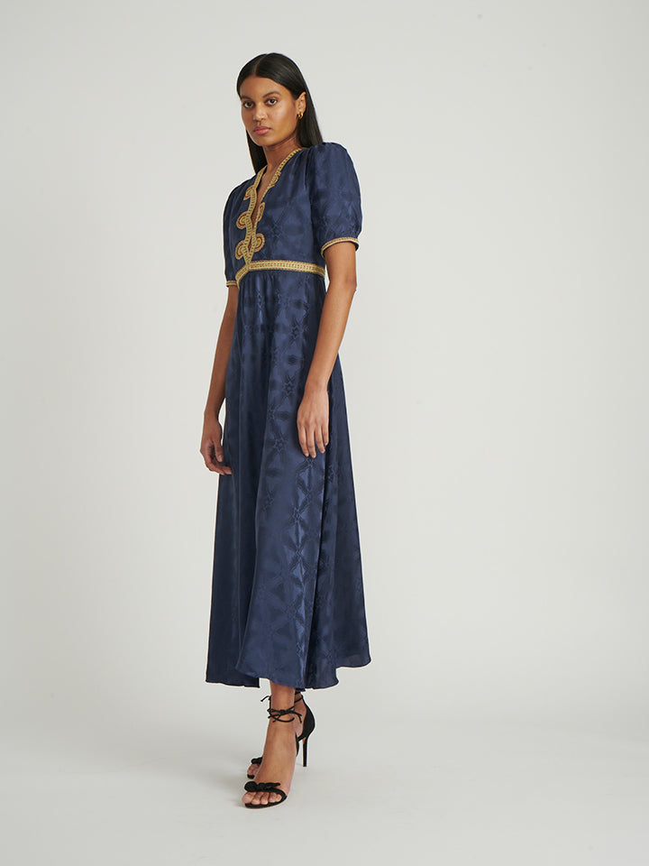 Load image into Gallery viewer, Tabitha Dress in Navy with Ornate Embroidery